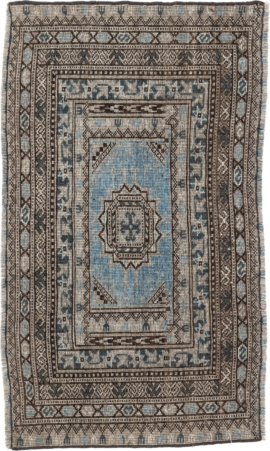 2' x 16' one-of-a-kind handmade vintage Bokara runner rug. Color palette: ivory, brown, sky blue, charcoal, taupe