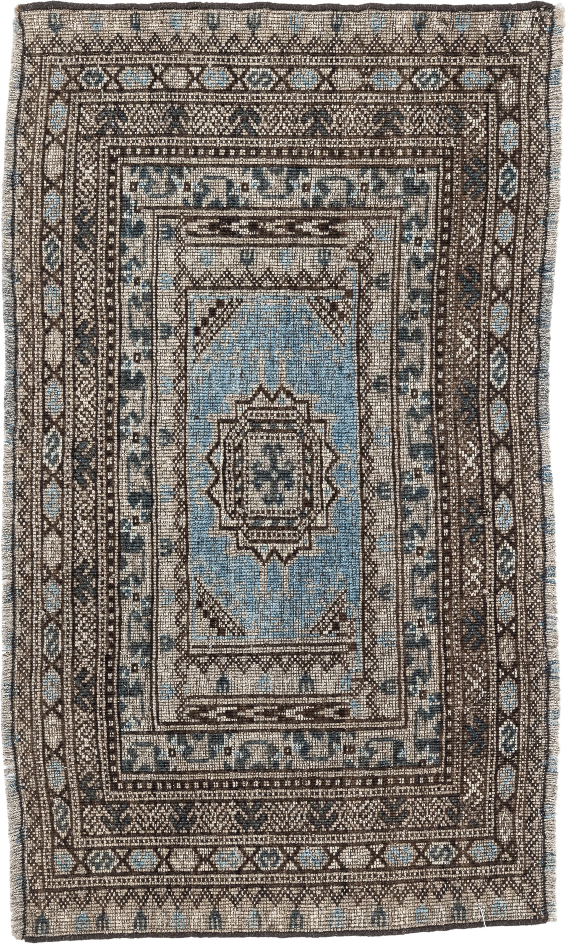 2' x 16' one-of-a-kind handmade vintage Bokara runner rug. Color palette: ivory, brown, sky blue, charcoal, taupe