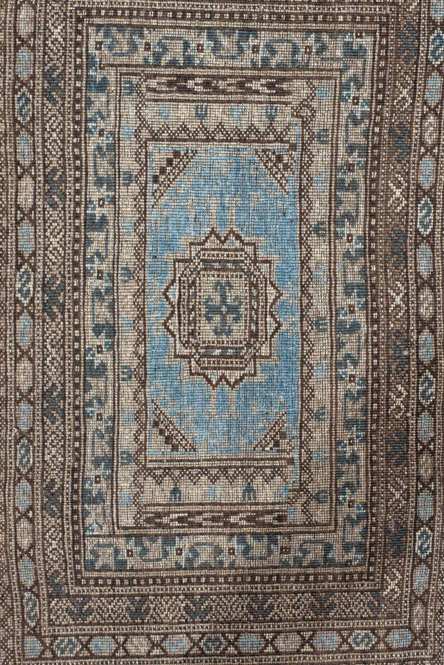 2' x 16' one-of-a-kind handmade vintage Bokara runner rug. Color palette: ivory, brown, sky blue, charcoal, taupe