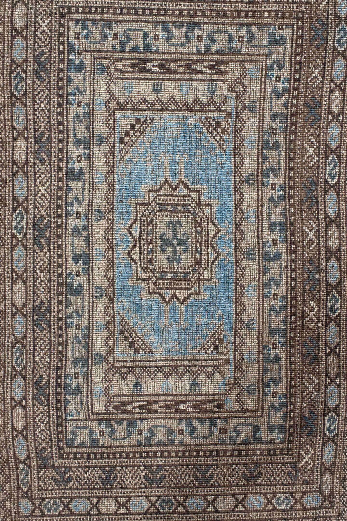 2' x 16' one-of-a-kind handmade vintage Bokara runner rug. Color palette: ivory, brown, sky blue, charcoal, taupe