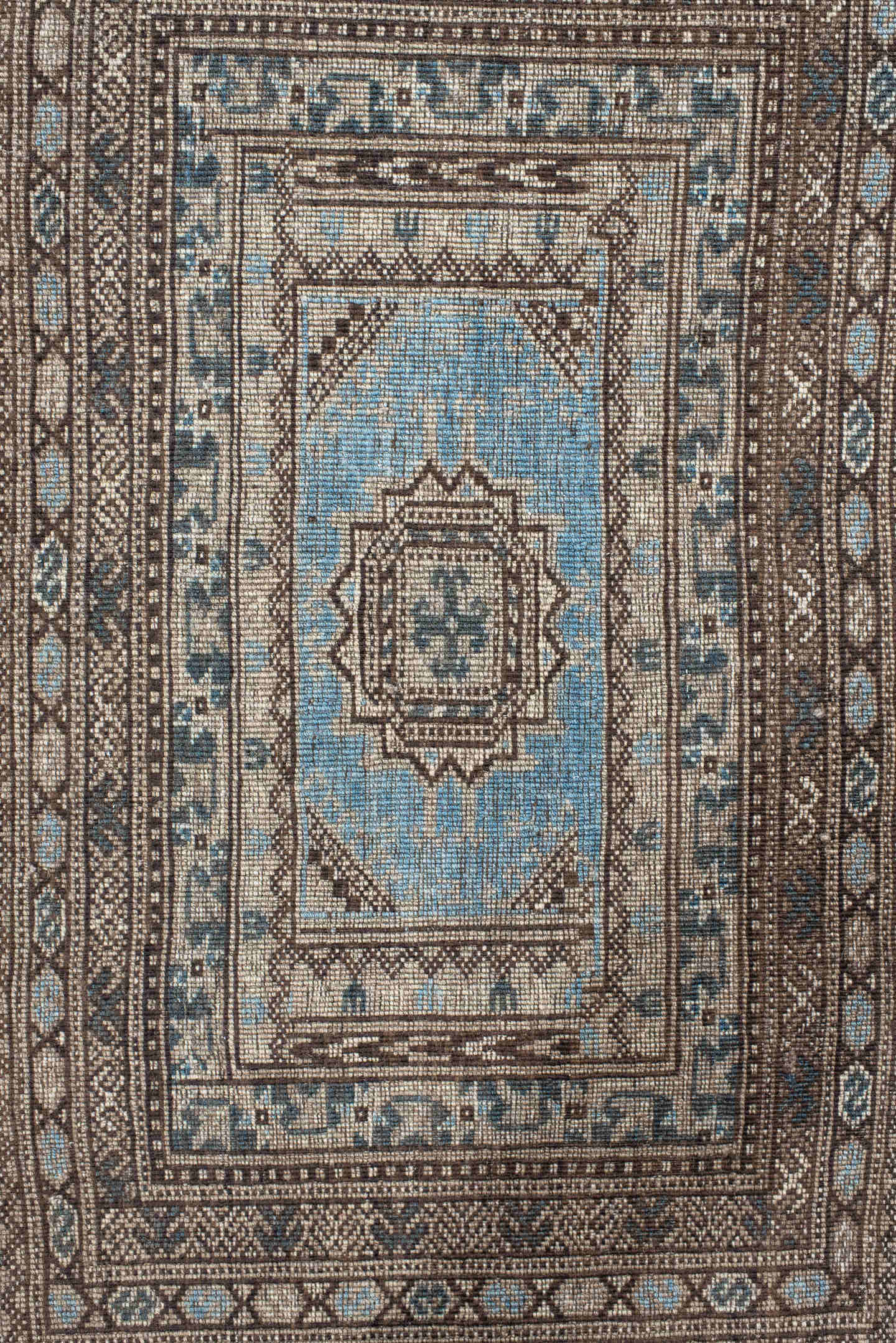 2' x 16' one-of-a-kind handmade vintage Bokara runner rug. Color palette: ivory, brown, sky blue, charcoal, taupe