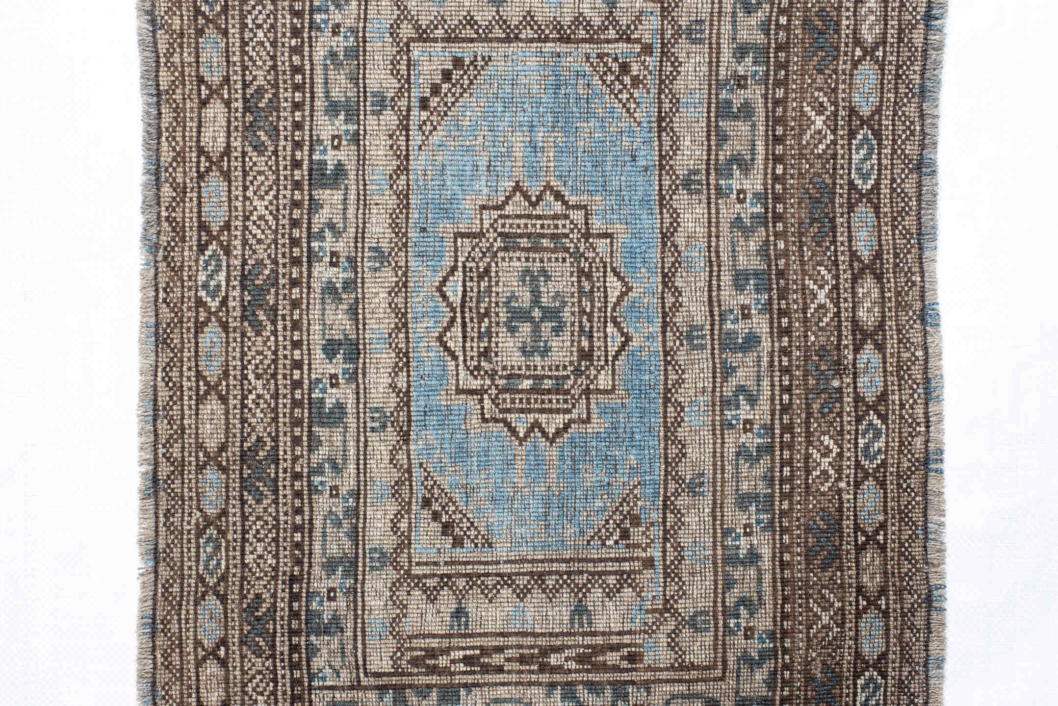 2' x 16' one-of-a-kind handmade vintage Bokara runner rug. Color palette: ivory, brown, sky blue, charcoal, taupe