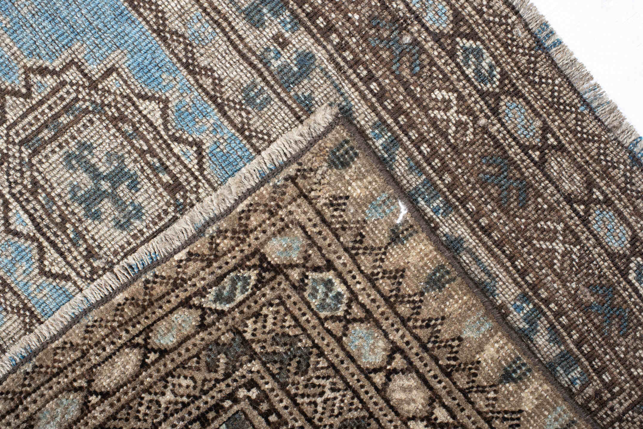 2' x 16' one-of-a-kind handmade vintage Bokara runner rug. Color palette: ivory, brown, sky blue, charcoal, taupe