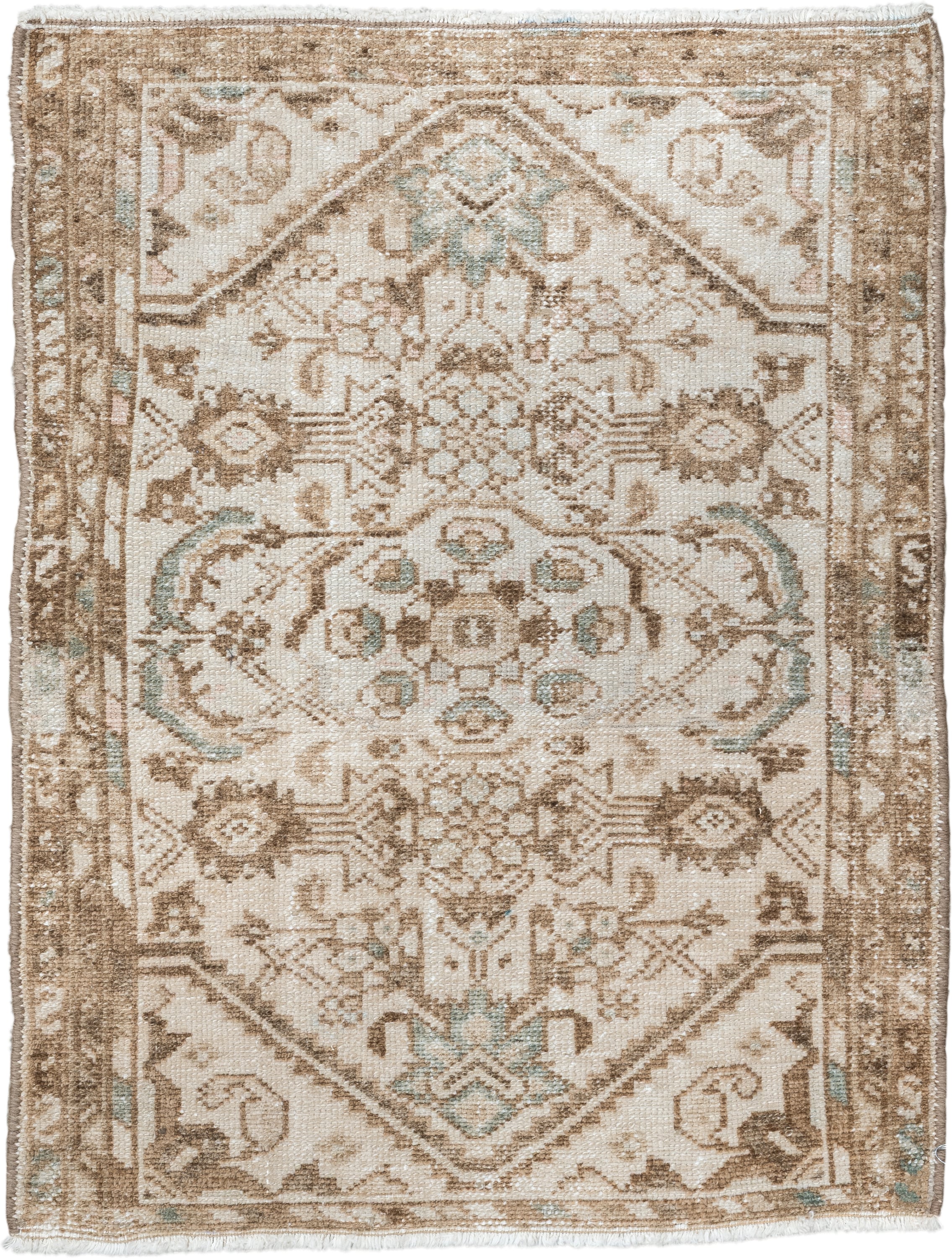 2' x 2' one-of-a-kind handmade vintage Hamadan small size rug. Color palette: ivory, taupe, camel, aqua, beige, gray, teal