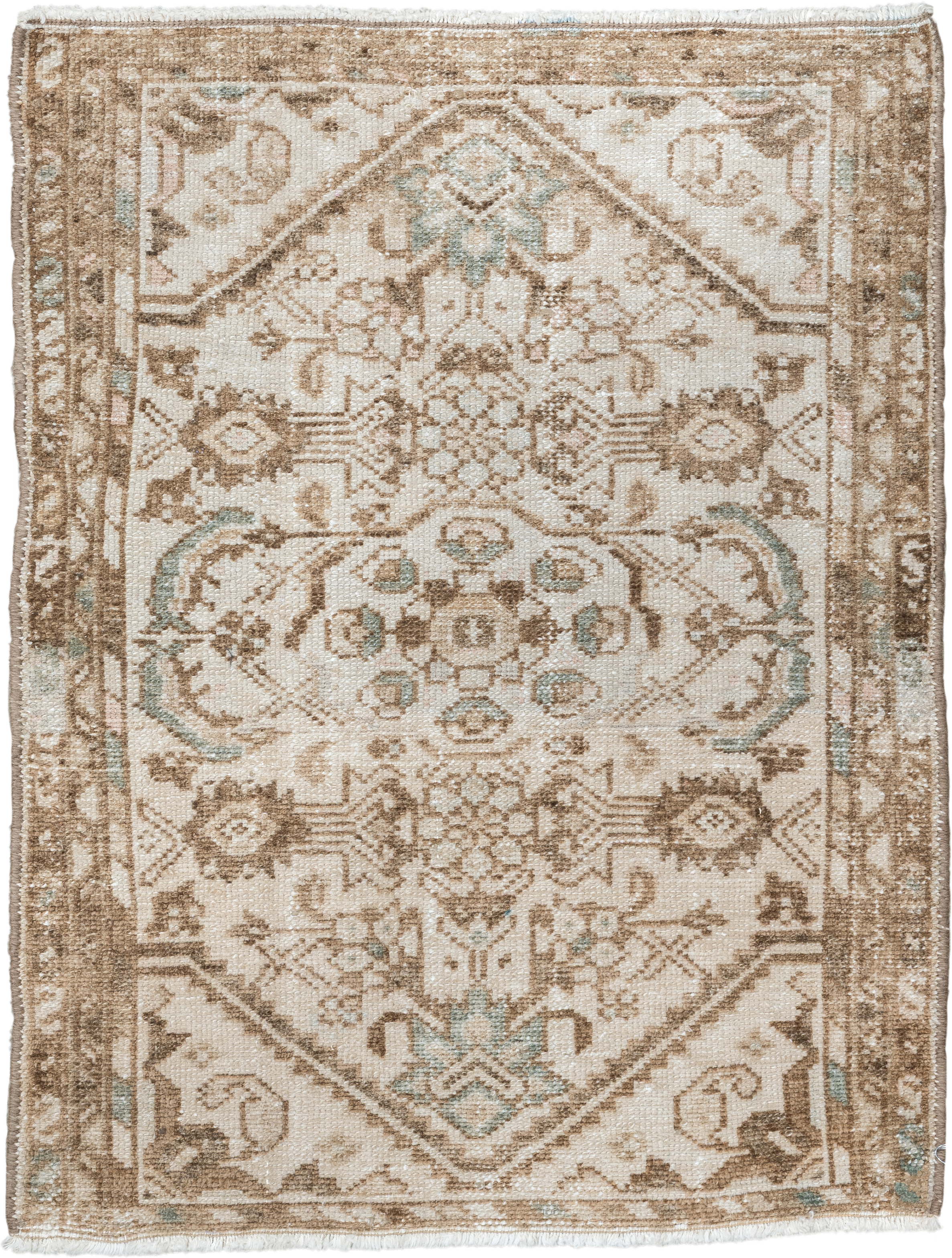 2' x 2' one-of-a-kind handmade vintage Hamadan small size rug. Color palette: ivory, taupe, camel, aqua, beige, gray, teal