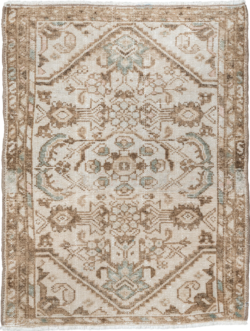 2' x 2' one-of-a-kind handmade vintage Hamadan small size rug. Color palette: ivory, taupe, camel, aqua, beige, gray, teal
