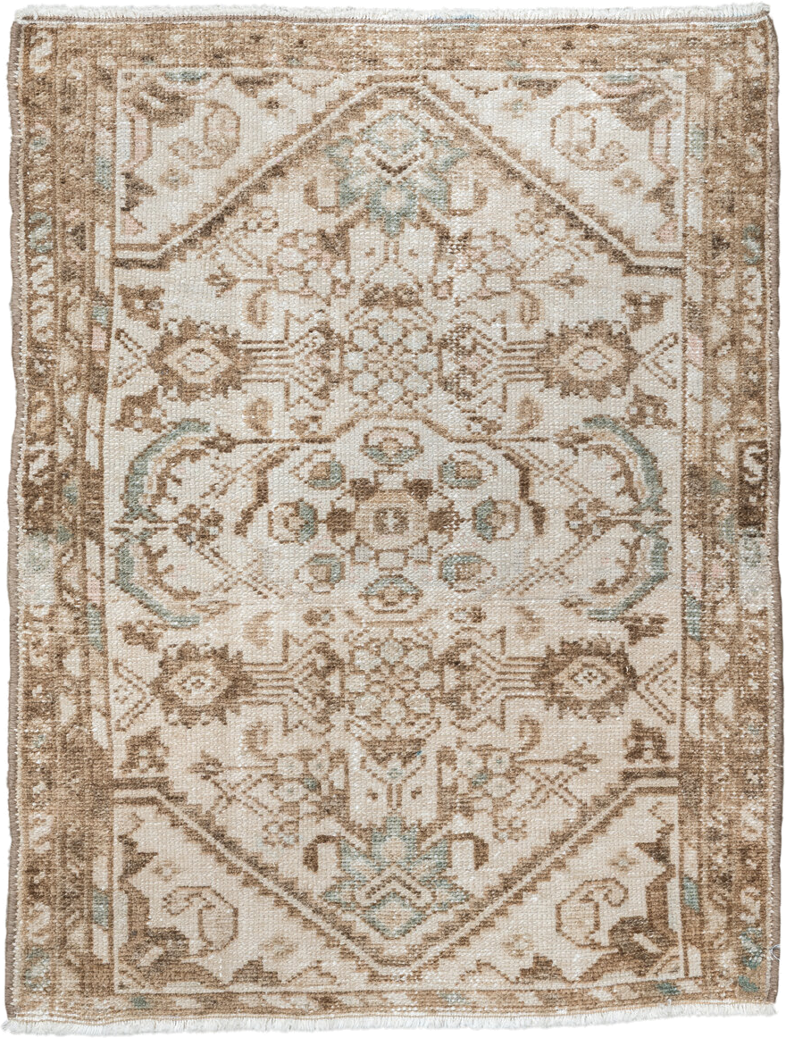 2' x 2' one-of-a-kind handmade vintage Hamadan small size rug. Color palette: ivory, taupe, camel, aqua, beige, gray, teal