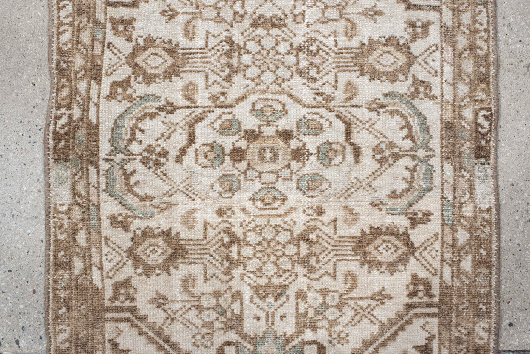 2' x 2' one-of-a-kind handmade vintage Hamadan small size rug. Color palette: ivory, taupe, camel, aqua, beige, gray, teal