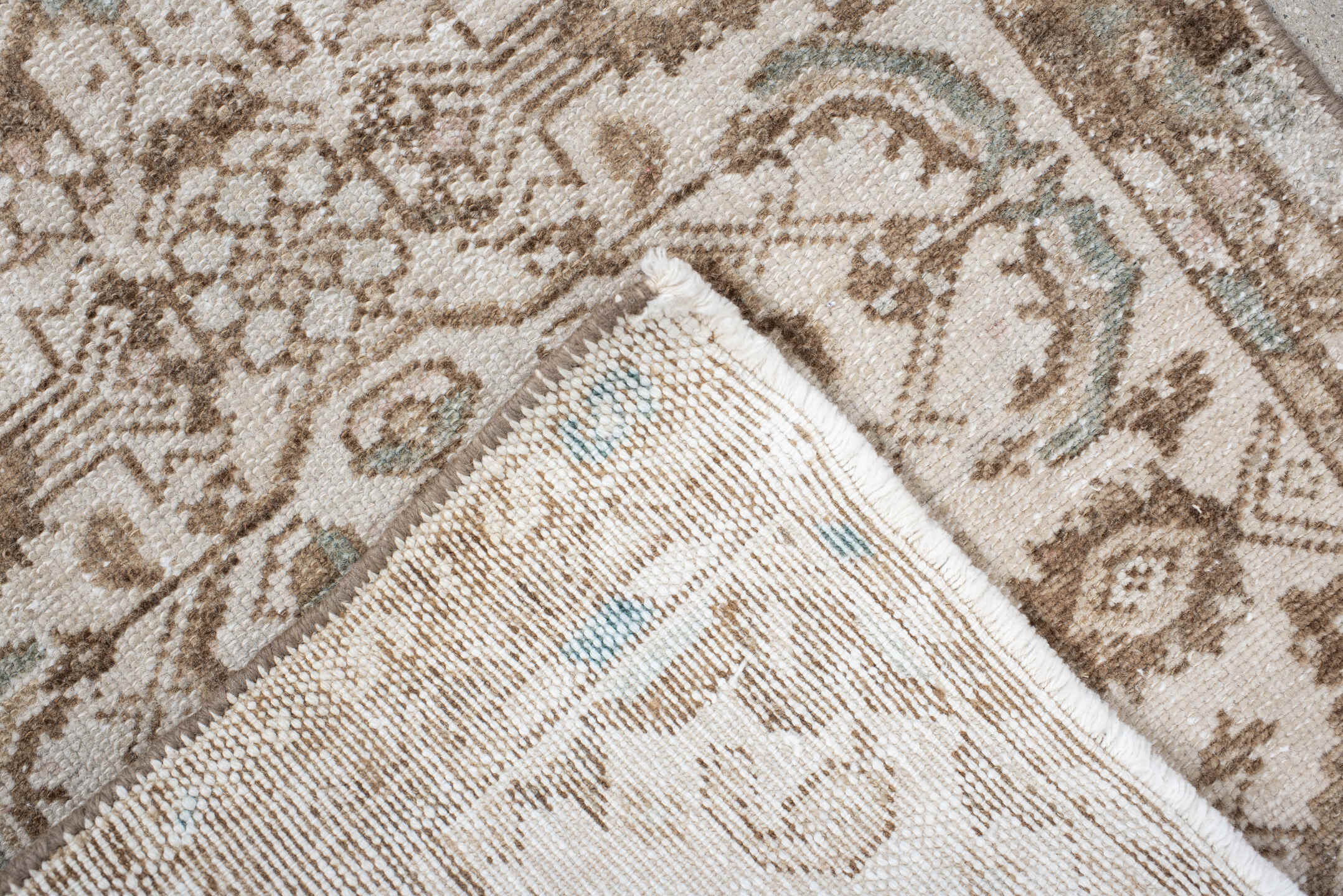 2' x 2' one-of-a-kind handmade vintage Hamadan small size rug. Color palette: ivory, taupe, camel, aqua, beige, gray, teal