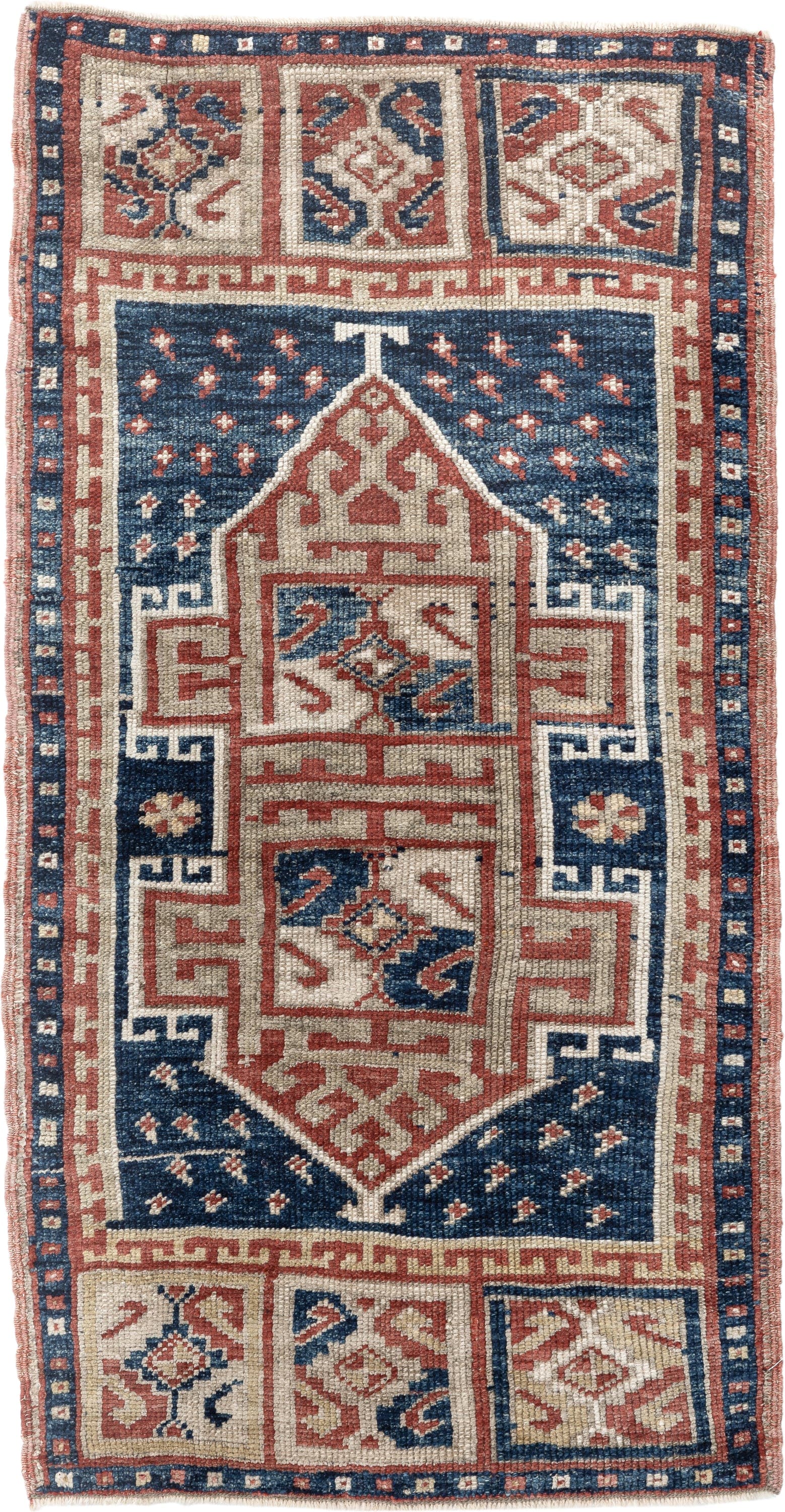 1' x 3' one-of-a-kind handmade vintage Anatolian small size rug. Color palette: navy, ivory, rust, brick, cream, blue