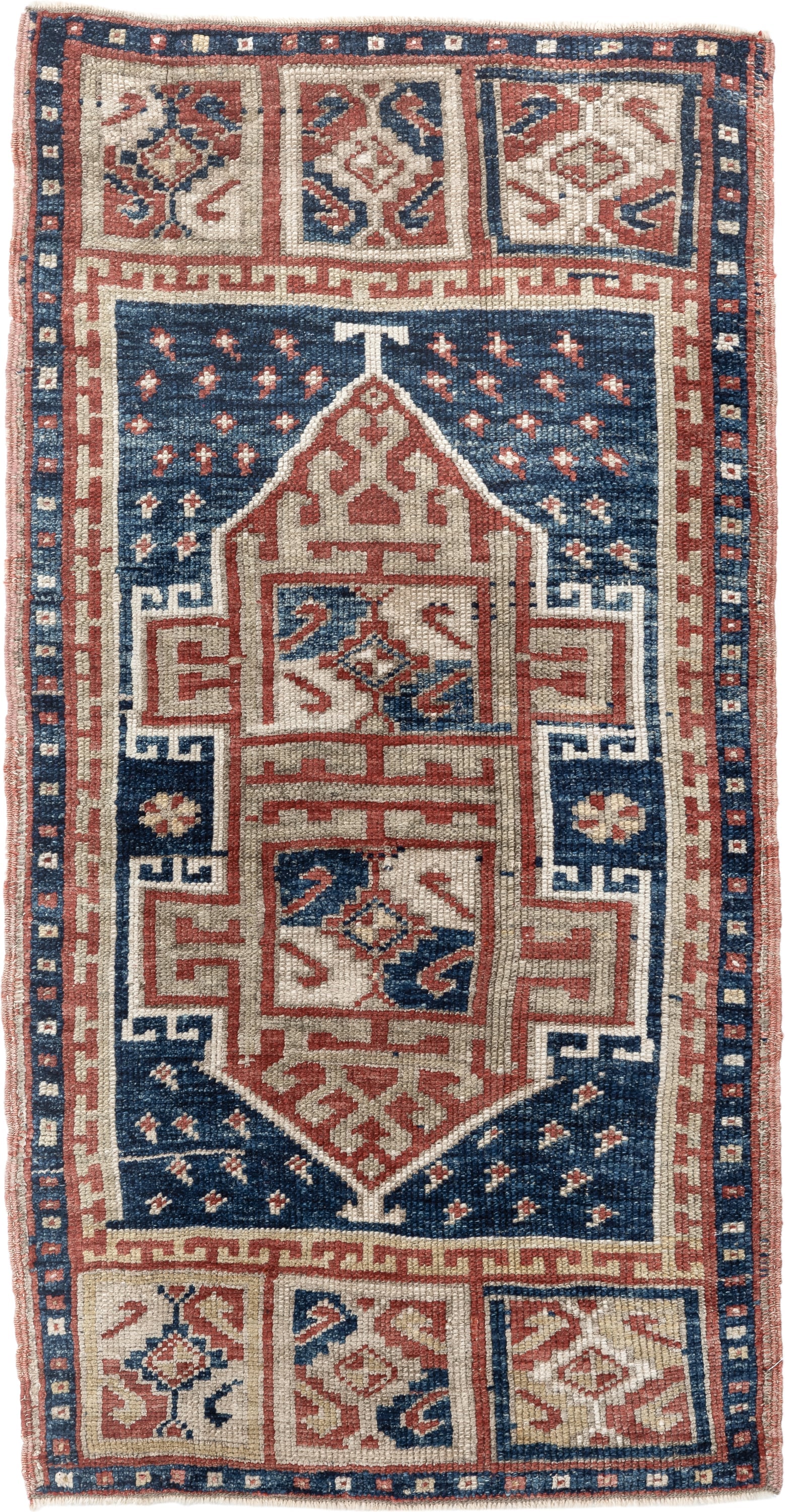 1' x 3' one-of-a-kind handmade vintage Anatolian small size rug. Color palette: navy, ivory, rust, brick, cream, blue