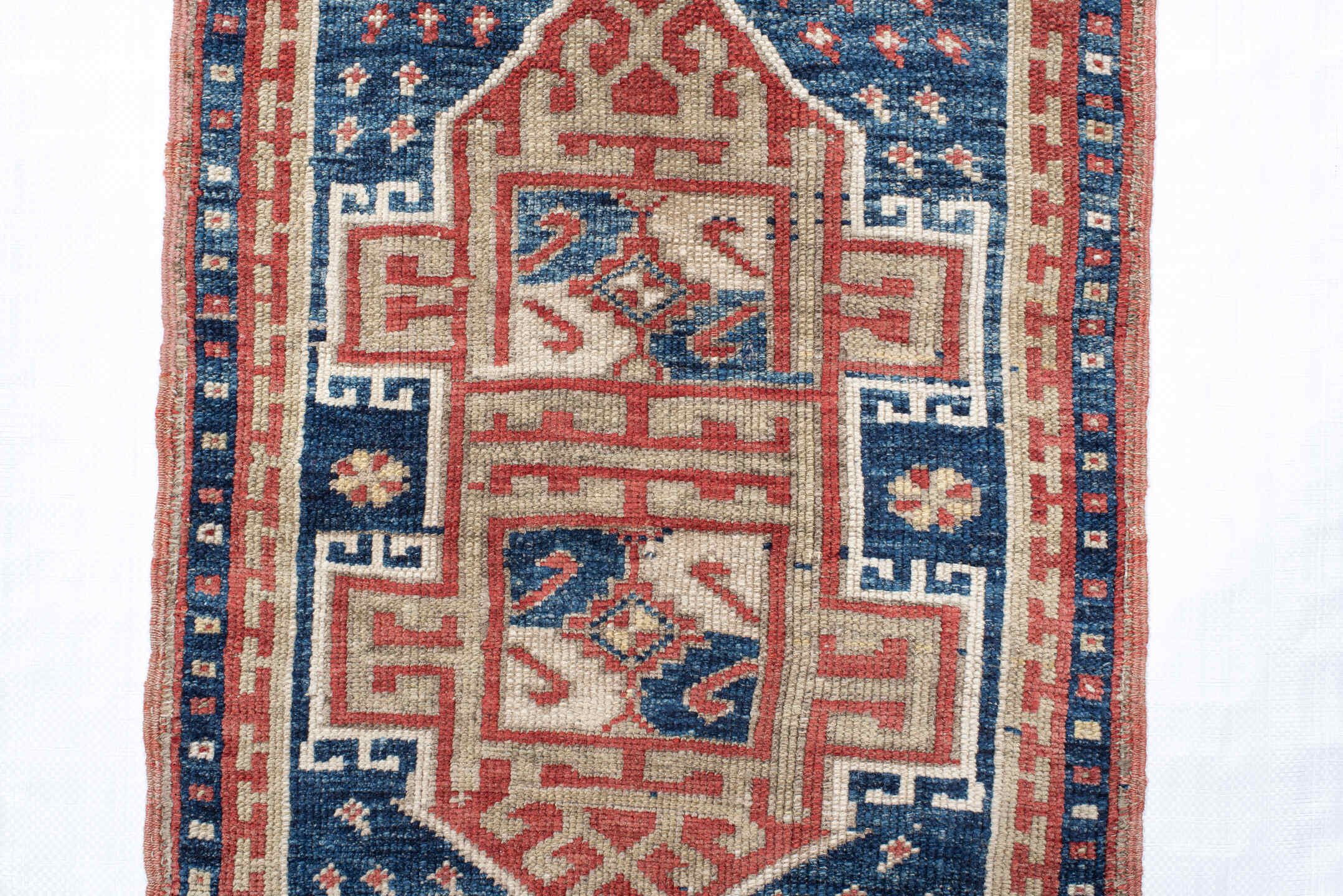 1' x 3' one-of-a-kind handmade vintage Anatolian small size rug. Color palette: navy, ivory, rust, brick, cream, blue