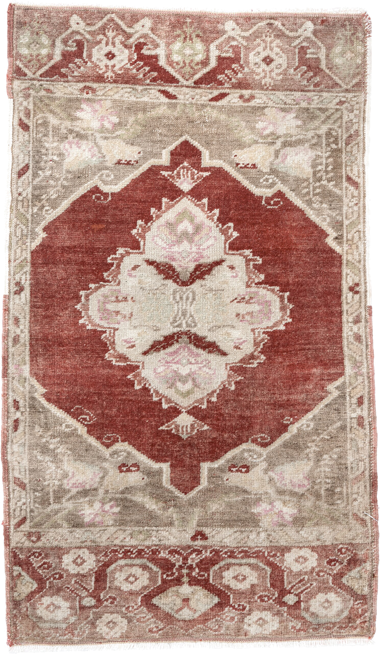 1' x 2' one-of-a-kind handmade vintage Anatolian small size rug. Color palette: terra cotta, taupe, ivory, blush, sage