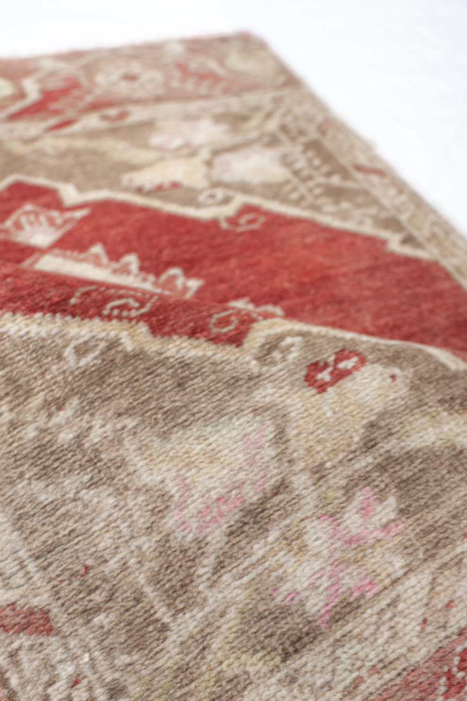 1' x 2' one-of-a-kind handmade vintage Anatolian small size rug. Color palette: terra cotta, taupe, ivory, blush, sage