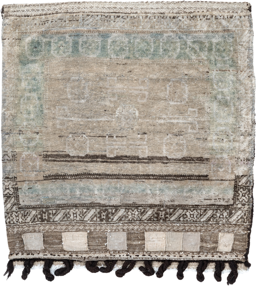 2' x 2' one-of-a-kind handmade vintage Belouch small size rug. Color palette: ivory, taupe, brown, sage, charcoal, cream