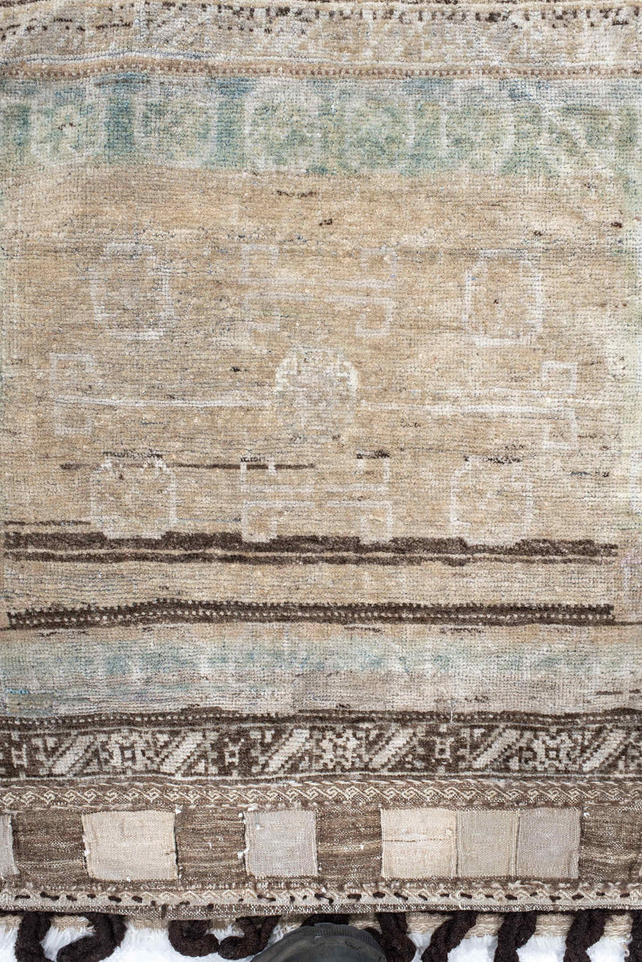 2' x 2' one-of-a-kind handmade vintage Belouch small size rug. Color palette: ivory, taupe, brown, sage, charcoal, cream