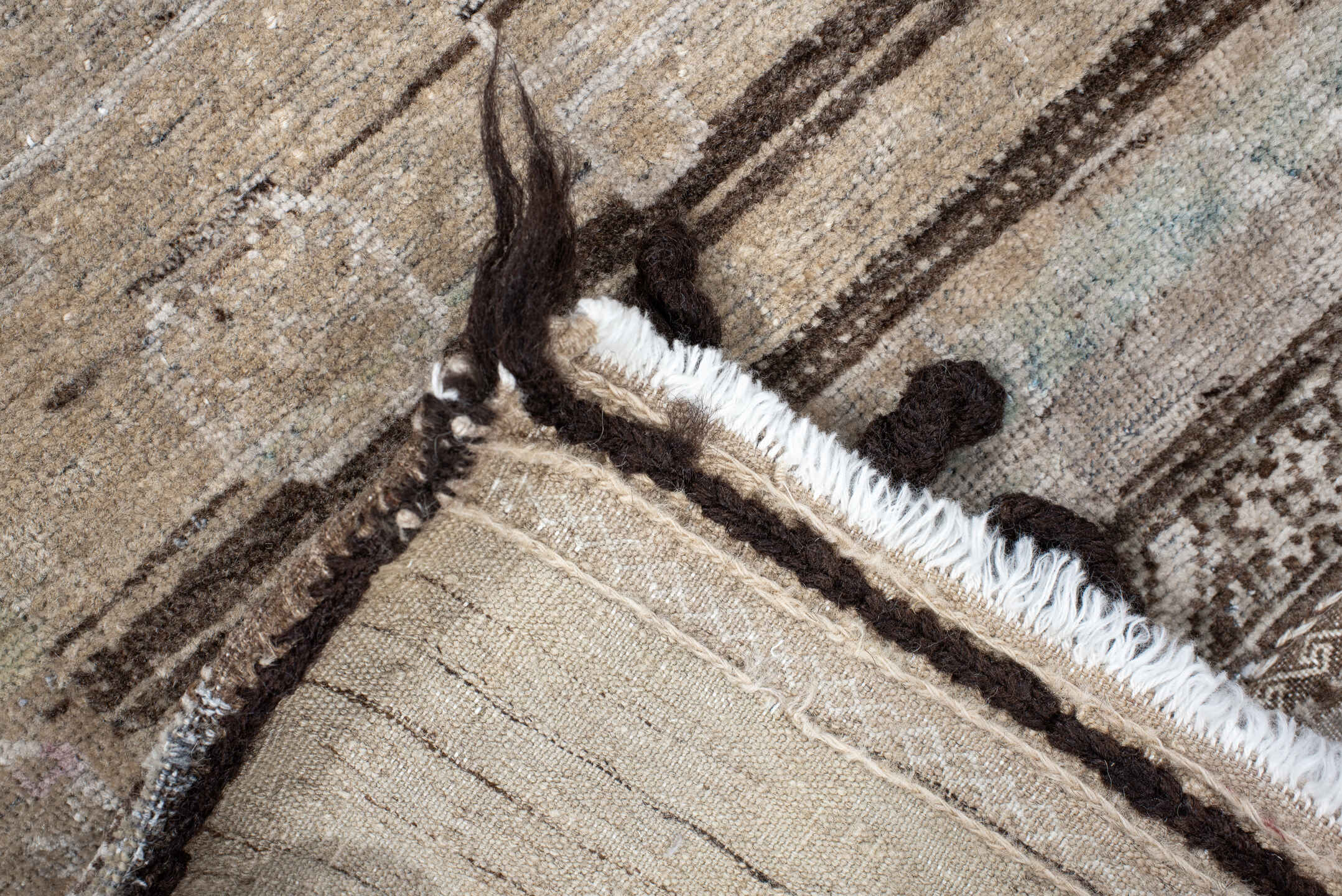 2' x 2' one-of-a-kind handmade vintage Belouch small size rug. Color palette: ivory, taupe, brown, sage, charcoal, cream