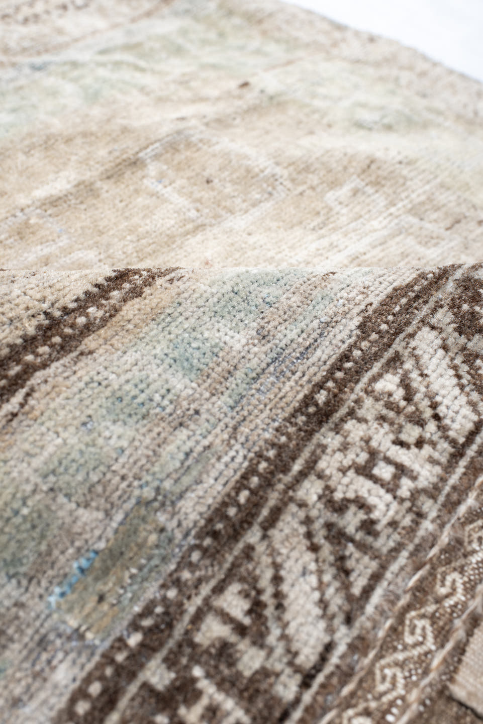 2' x 2' one-of-a-kind handmade vintage Belouch small size rug. Color palette: ivory, taupe, brown, sage, charcoal, cream