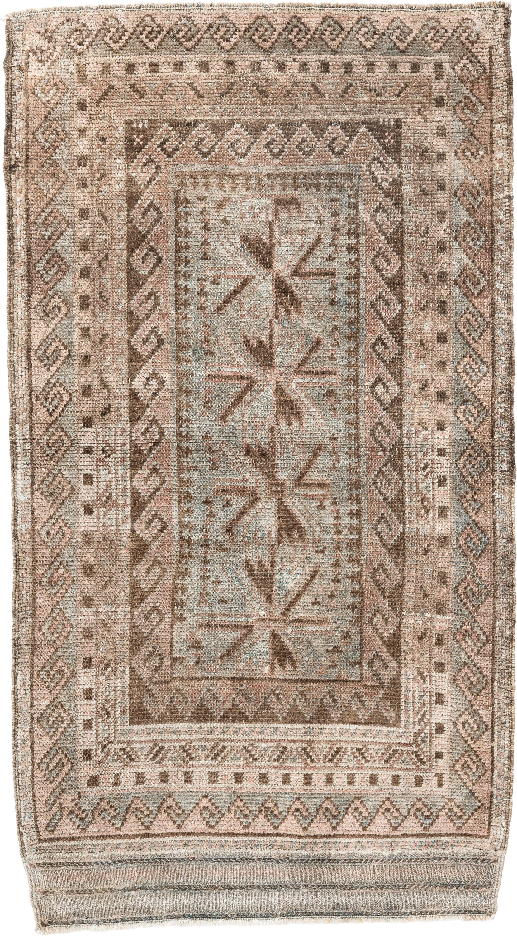 2' x 3' one-of-a-kind handmade vintage Belouch small size rug. Color palette: taupe, ivory, blush, brown, camel, sage, beige