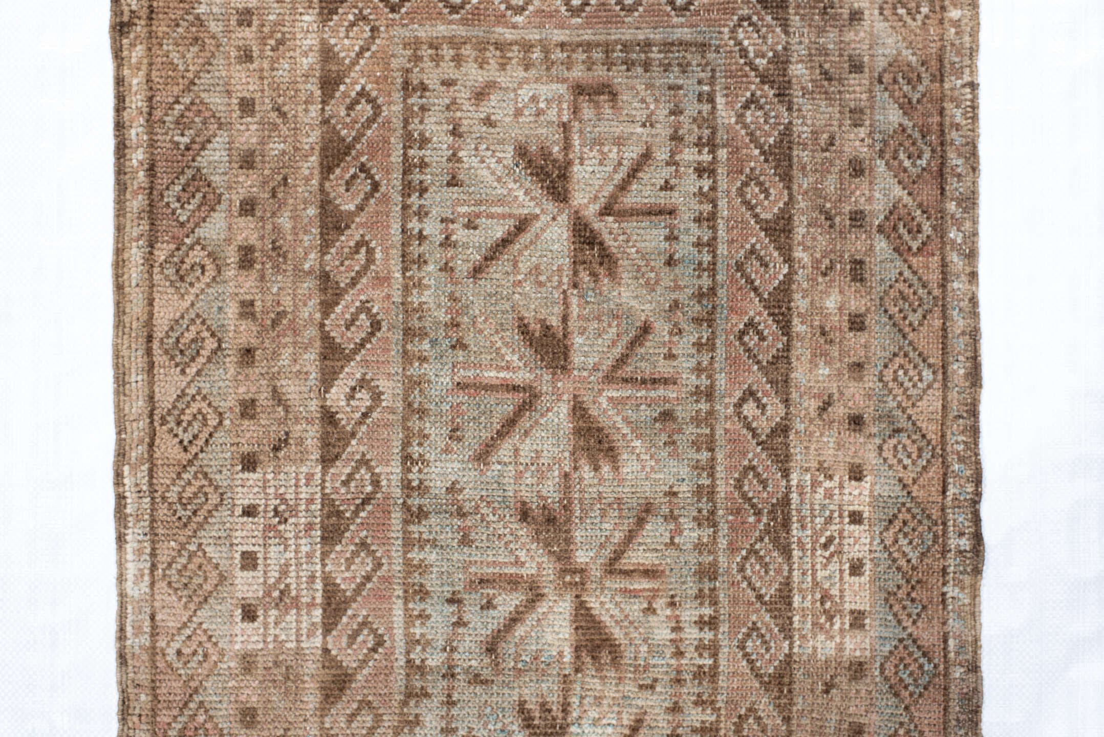 2' x 3' one-of-a-kind handmade vintage Belouch small size rug. Color palette: taupe, ivory, blush, brown, camel, sage, beige