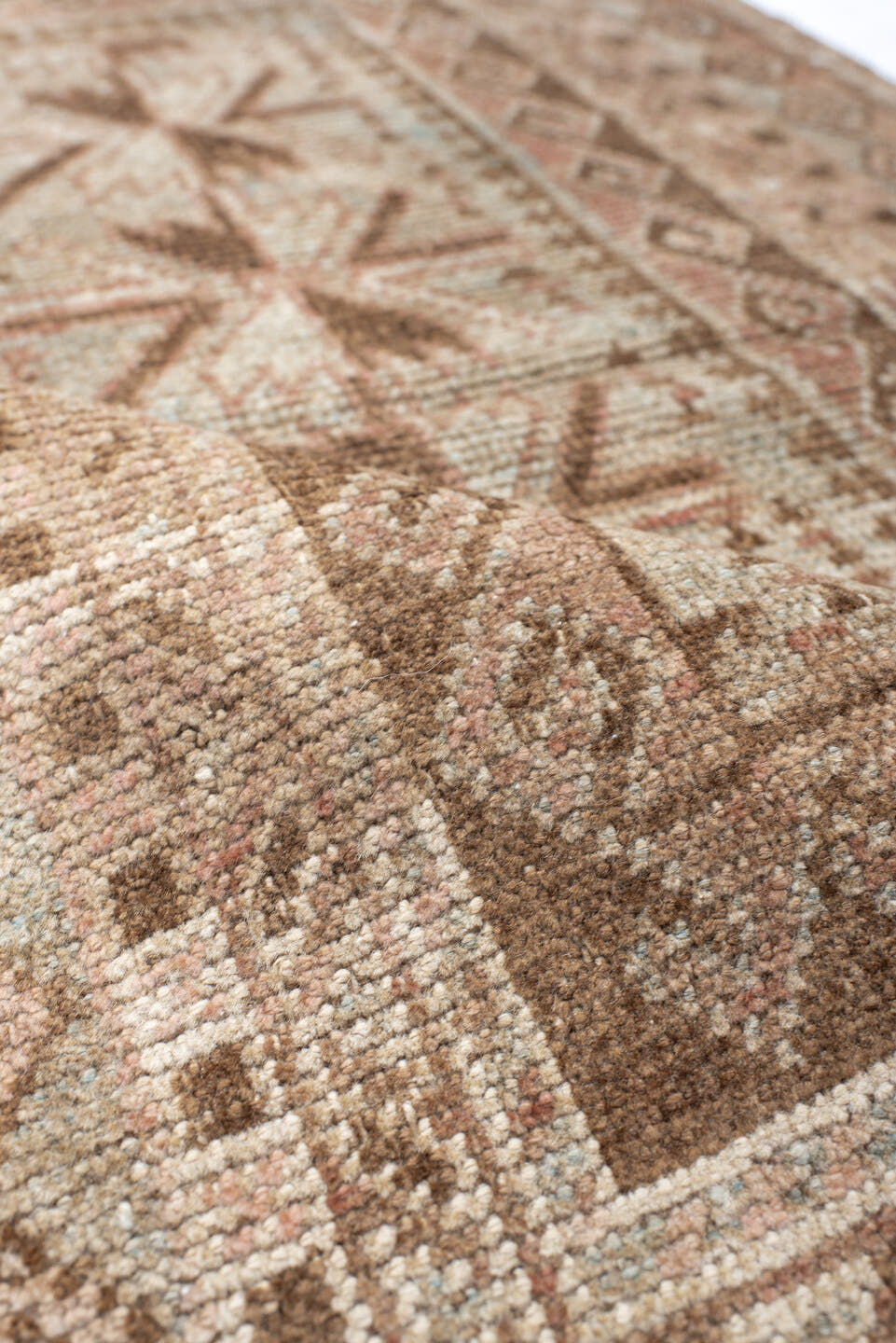 2' x 3' one-of-a-kind handmade vintage Belouch small size rug. Color palette: taupe, ivory, blush, brown, camel, sage, beige