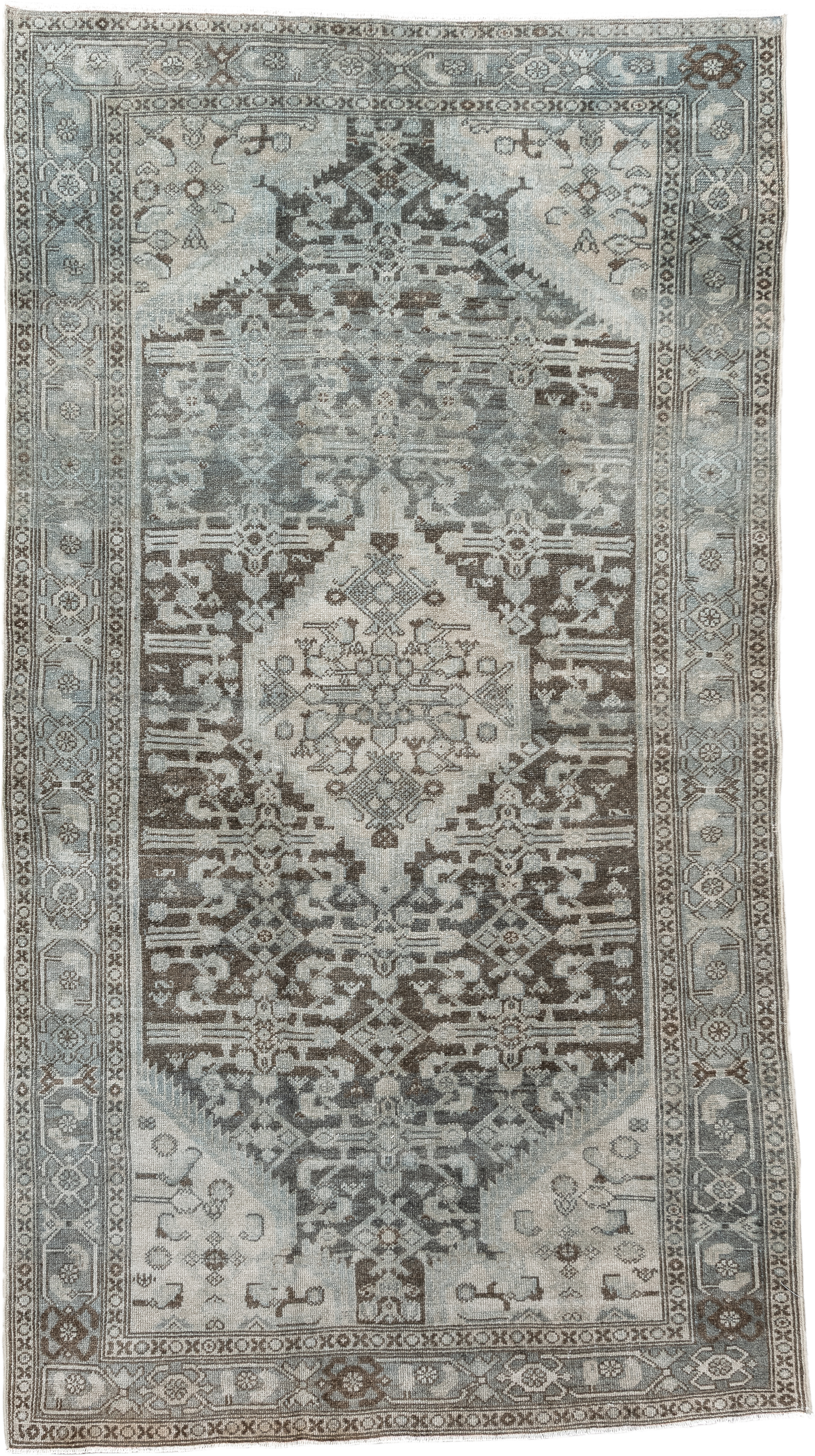 4' x 7' one-of-a-kind handmade antique Malayer rug. Color palette: ivory, taupe, slate, brown, charcoal, camel, beige, gray