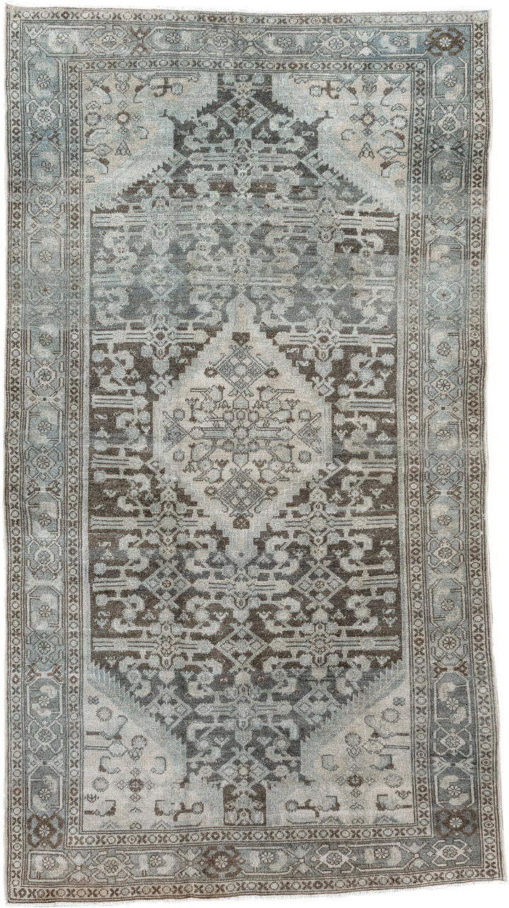 4' x 7' one-of-a-kind handmade antique Malayer rug. Color palette: ivory, taupe, slate, brown, charcoal, camel, beige, gray