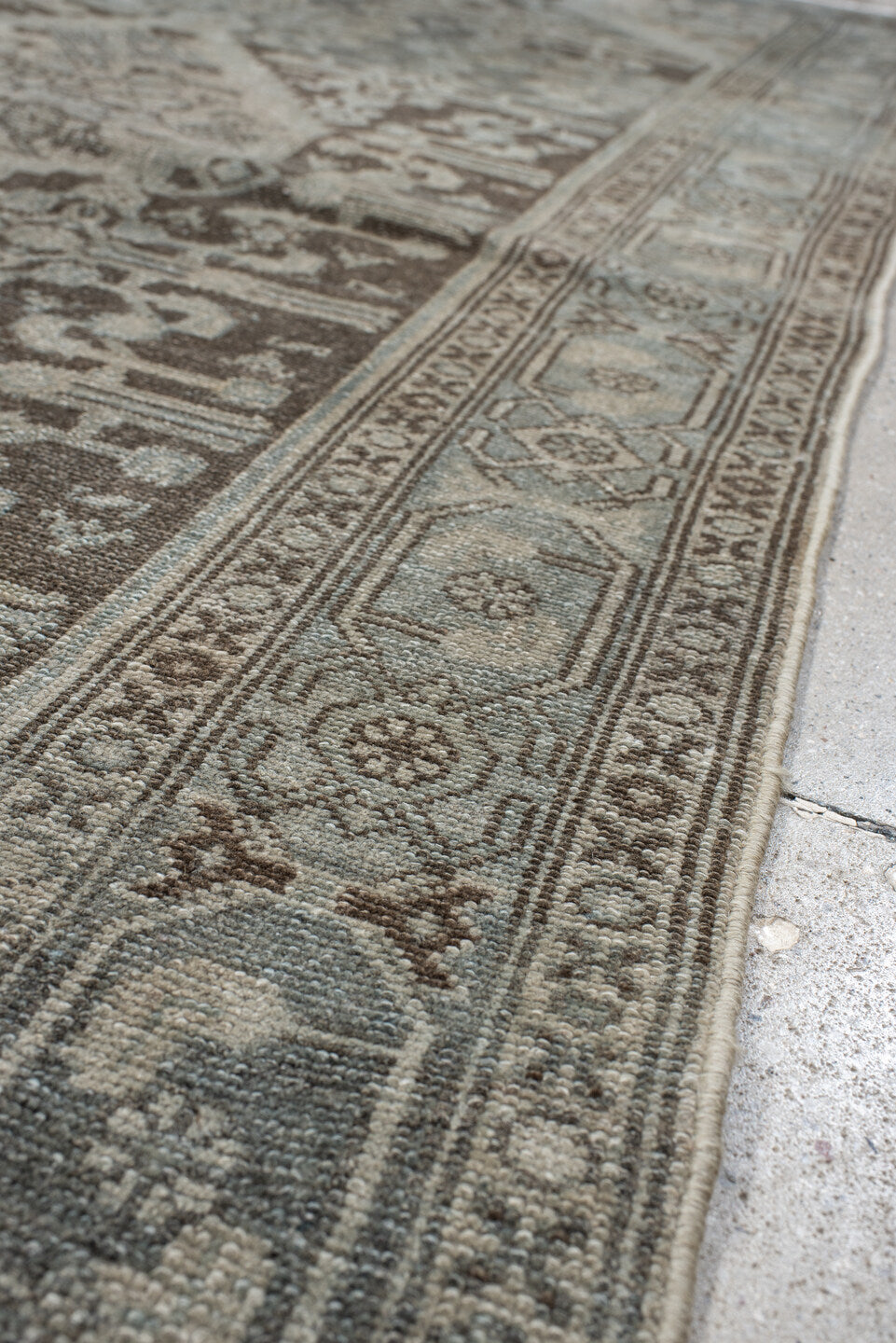 4' x 7' one-of-a-kind handmade antique Malayer rug. Color palette: ivory, taupe, slate, brown, charcoal, camel, beige, gray