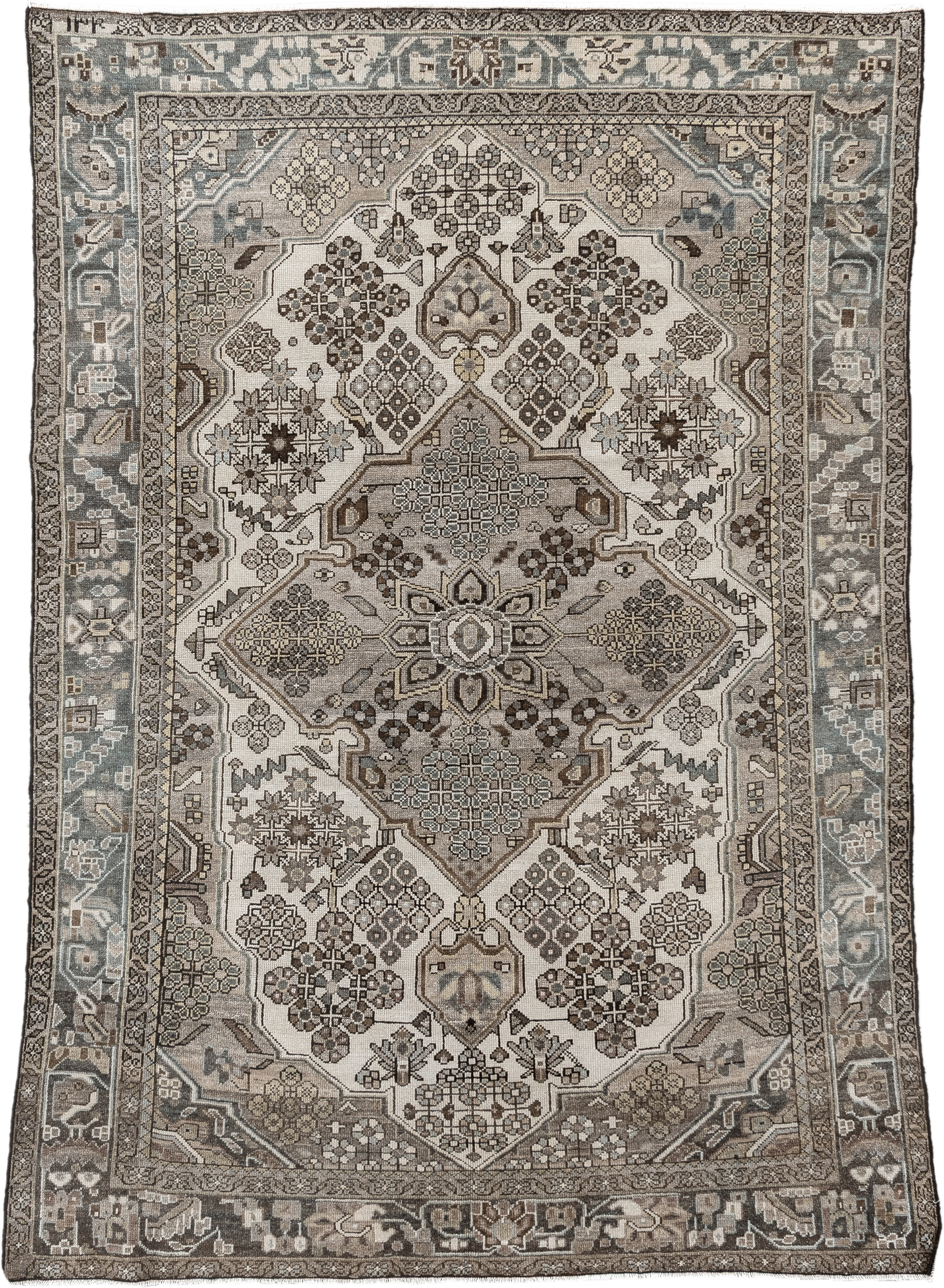 4' x 6' one-of-a-kind handmade antique Hamadan small size rug. Color palette: ivory, taupe, slate, brown, charcoal, camel