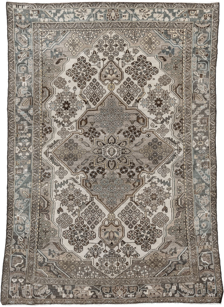4' x 6' one-of-a-kind handmade antique Hamadan small size rug. Color palette: ivory, taupe, slate, brown, charcoal, camel