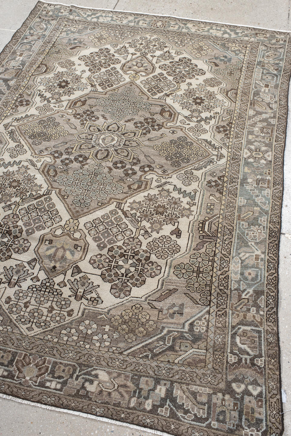 4' x 6' one-of-a-kind handmade antique Hamadan small size rug. Color palette: ivory, taupe, slate, brown, charcoal, camel