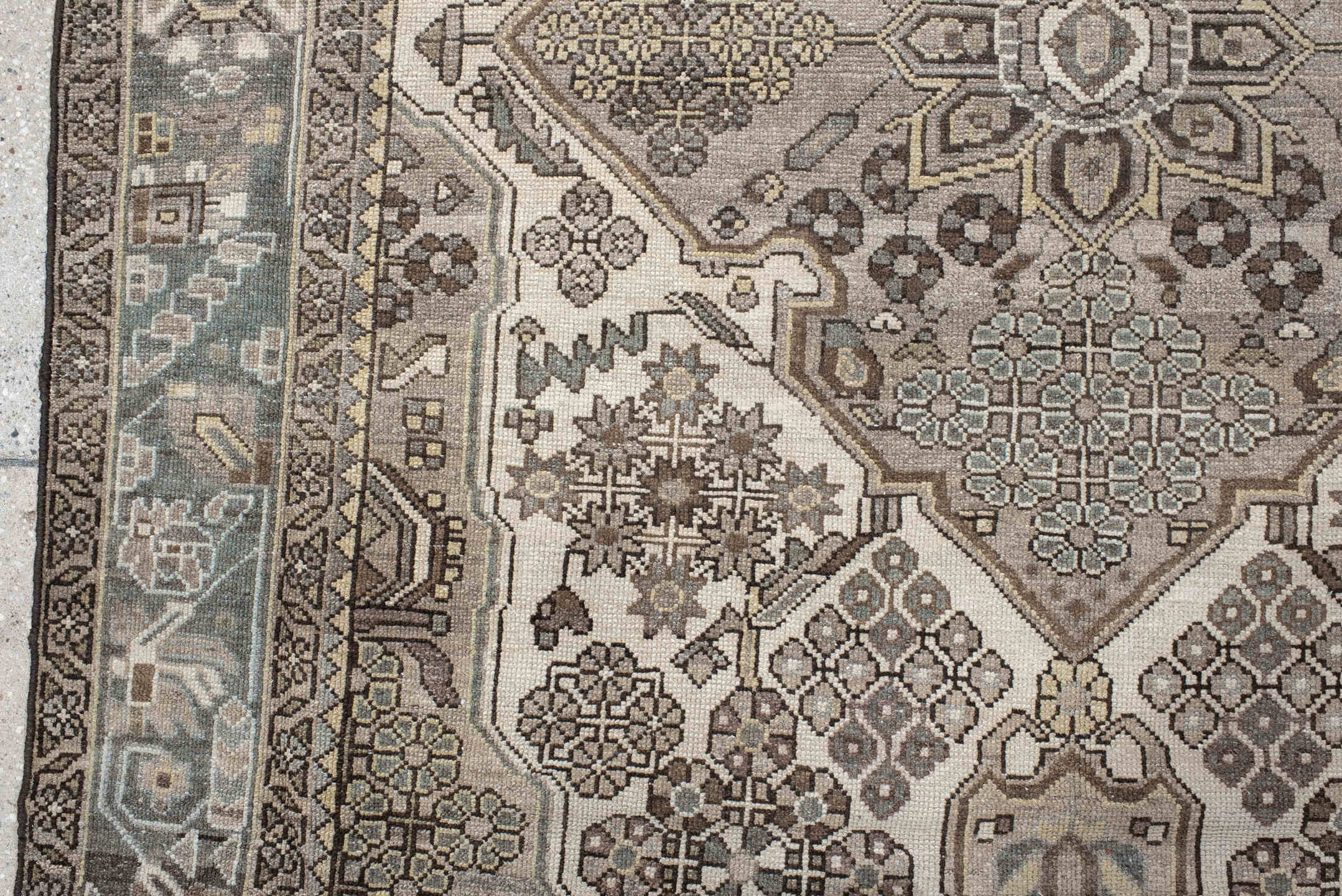 4' x 6' one-of-a-kind handmade antique Hamadan small size rug. Color palette: ivory, taupe, slate, brown, charcoal, camel