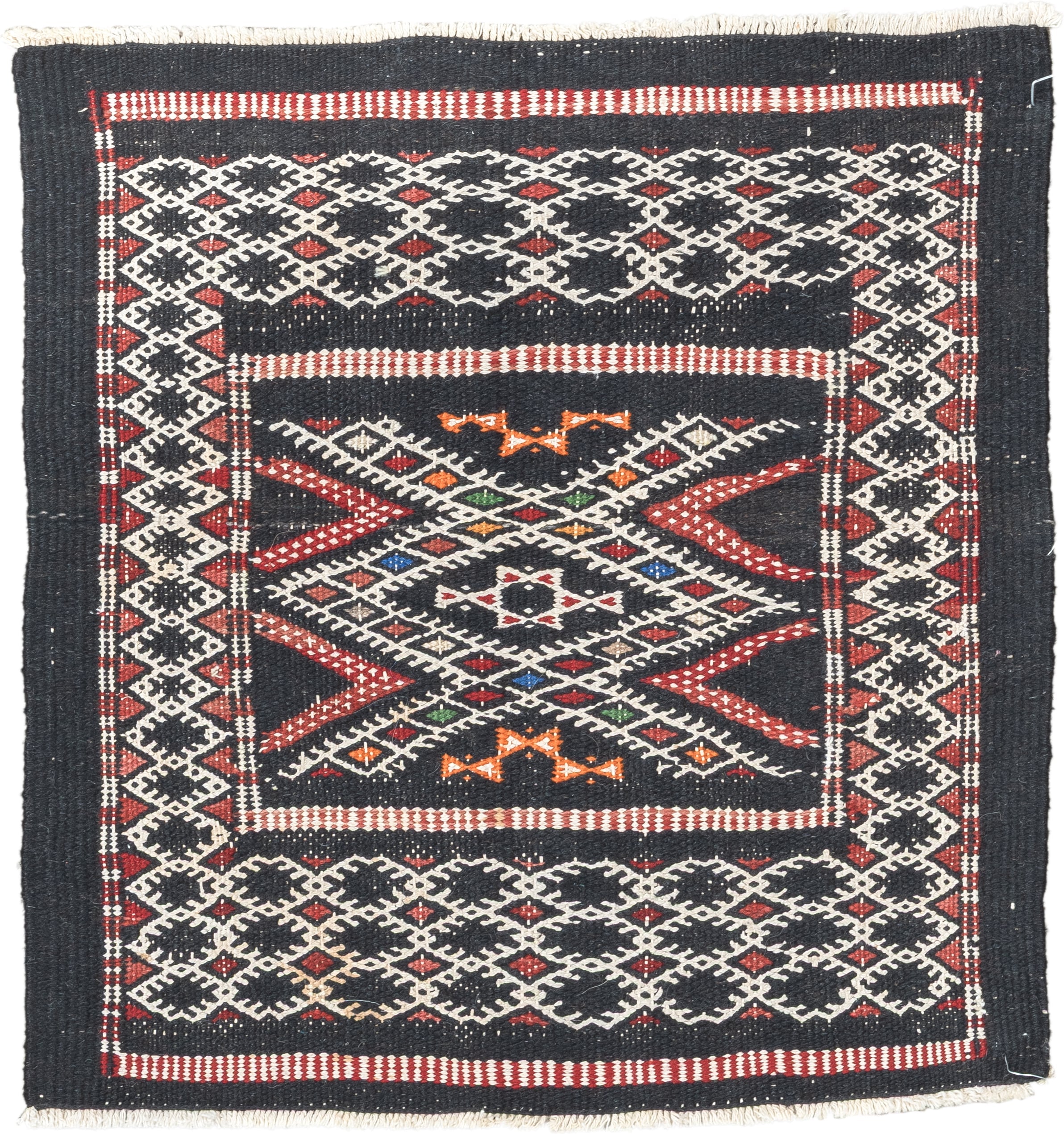 1' x 1' one-of-a-kind handmade vintage Jijim small size rug. Color palette: charcoal, ivory, rust, crimson, orange, blue