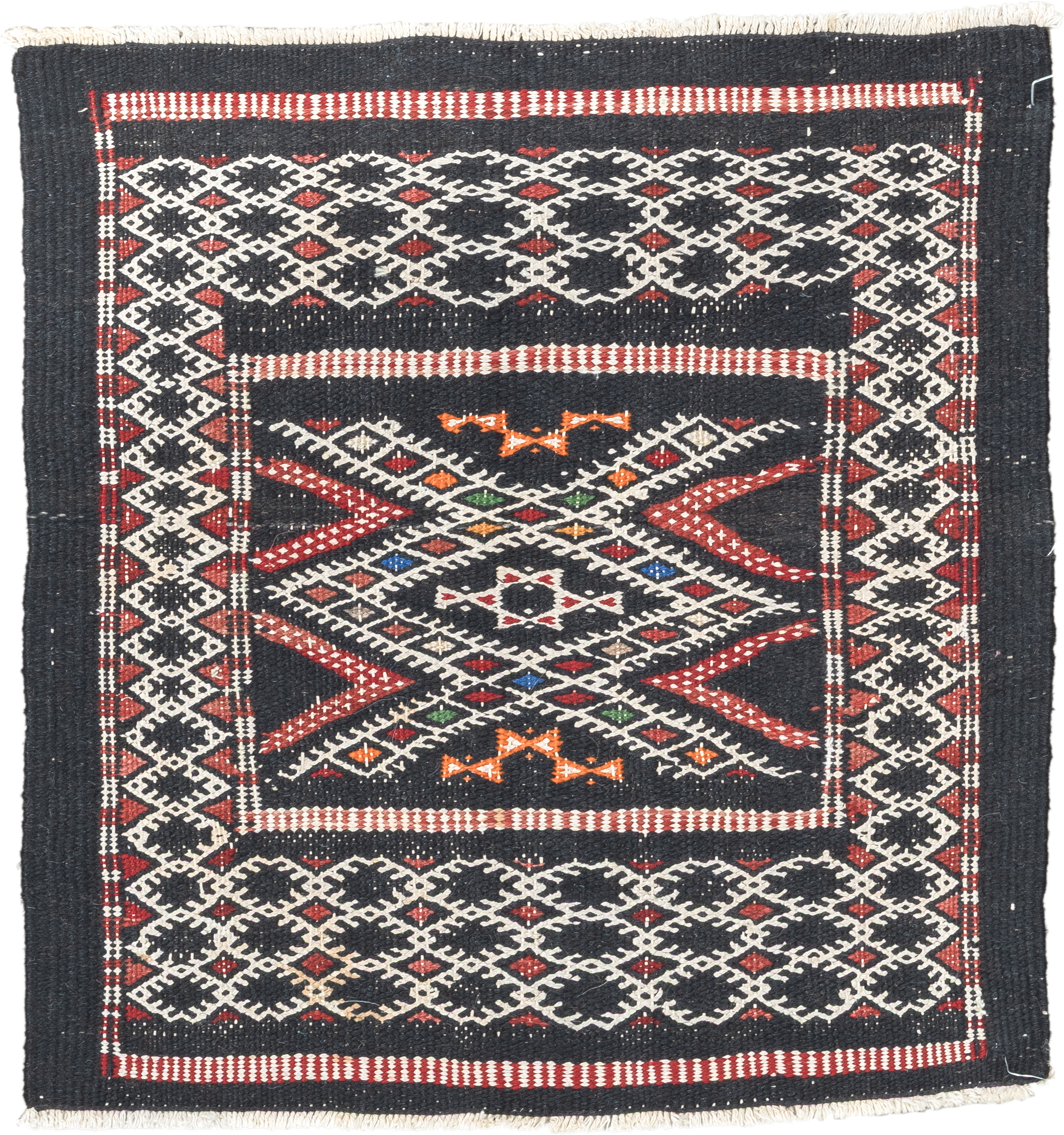 1' x 1' one-of-a-kind handmade vintage Jijim small size rug. Color palette: charcoal, ivory, rust, crimson, orange, blue