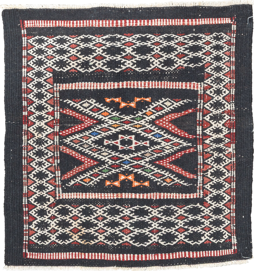 1' x 1' one-of-a-kind handmade vintage Jijim small size rug. Color palette: antiquewhite, black, blue, brown, charcoal