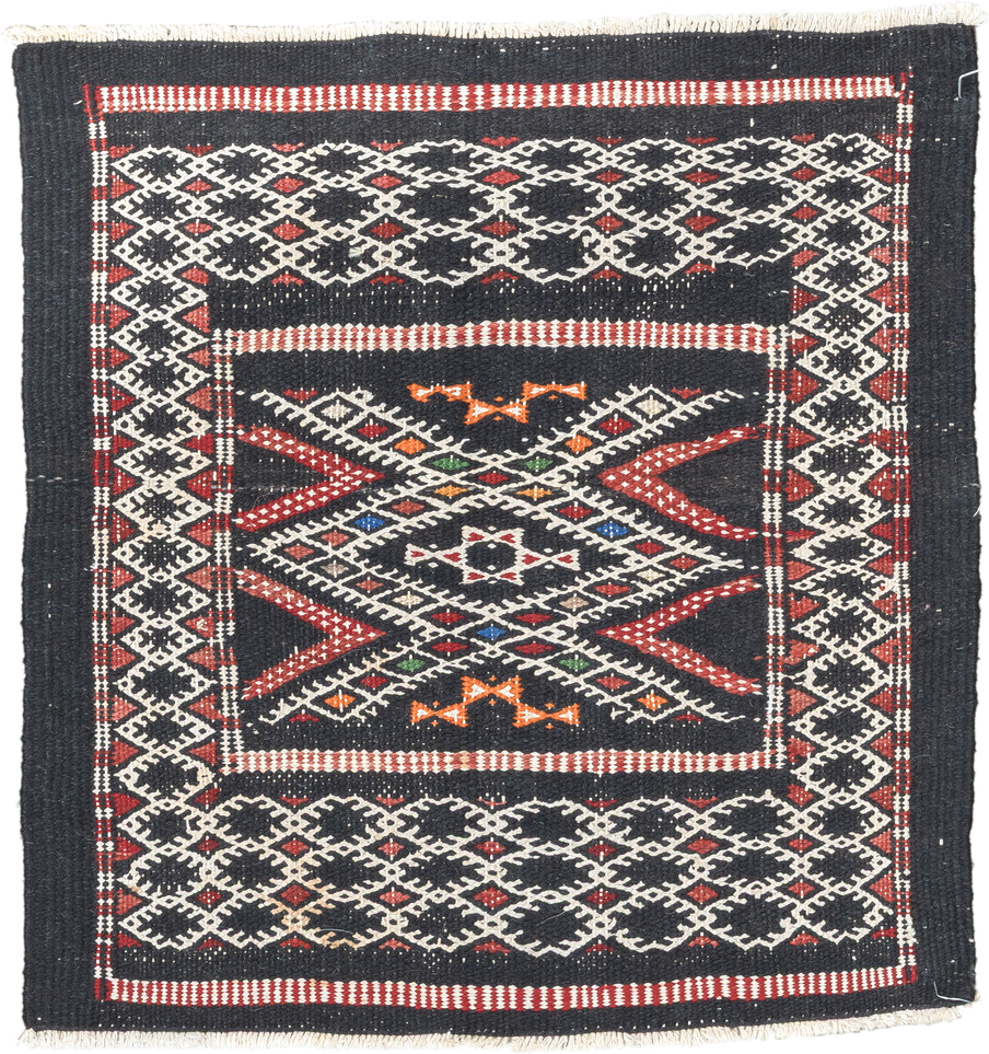 1' x 1' one-of-a-kind handmade vintage Jijim small size rug. Color palette: charcoal, ivory, rust, crimson, orange, blue