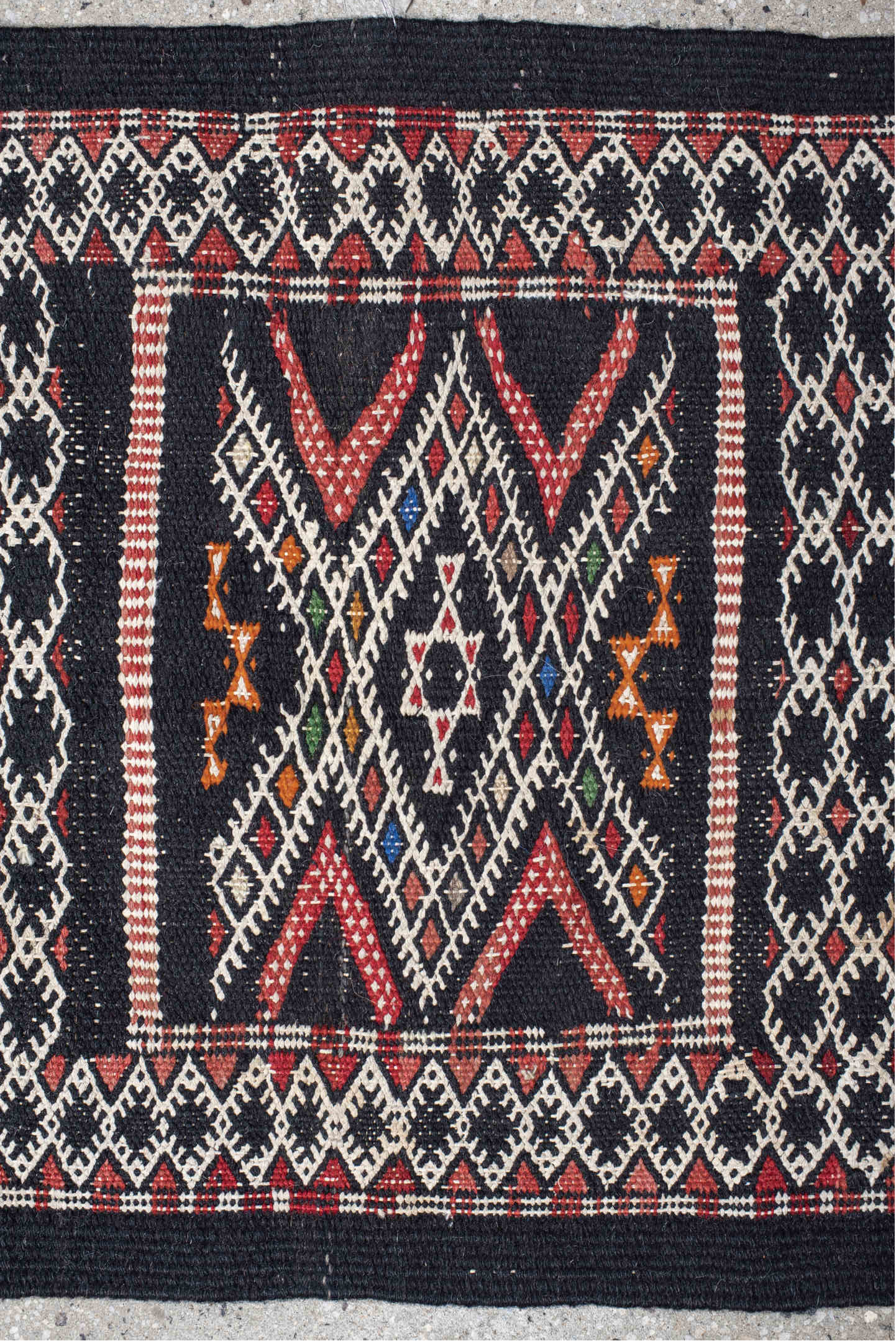 1' x 1' one-of-a-kind handmade vintage Jijim small size rug. Color palette: antiquewhite, black, blue, brown, charcoal