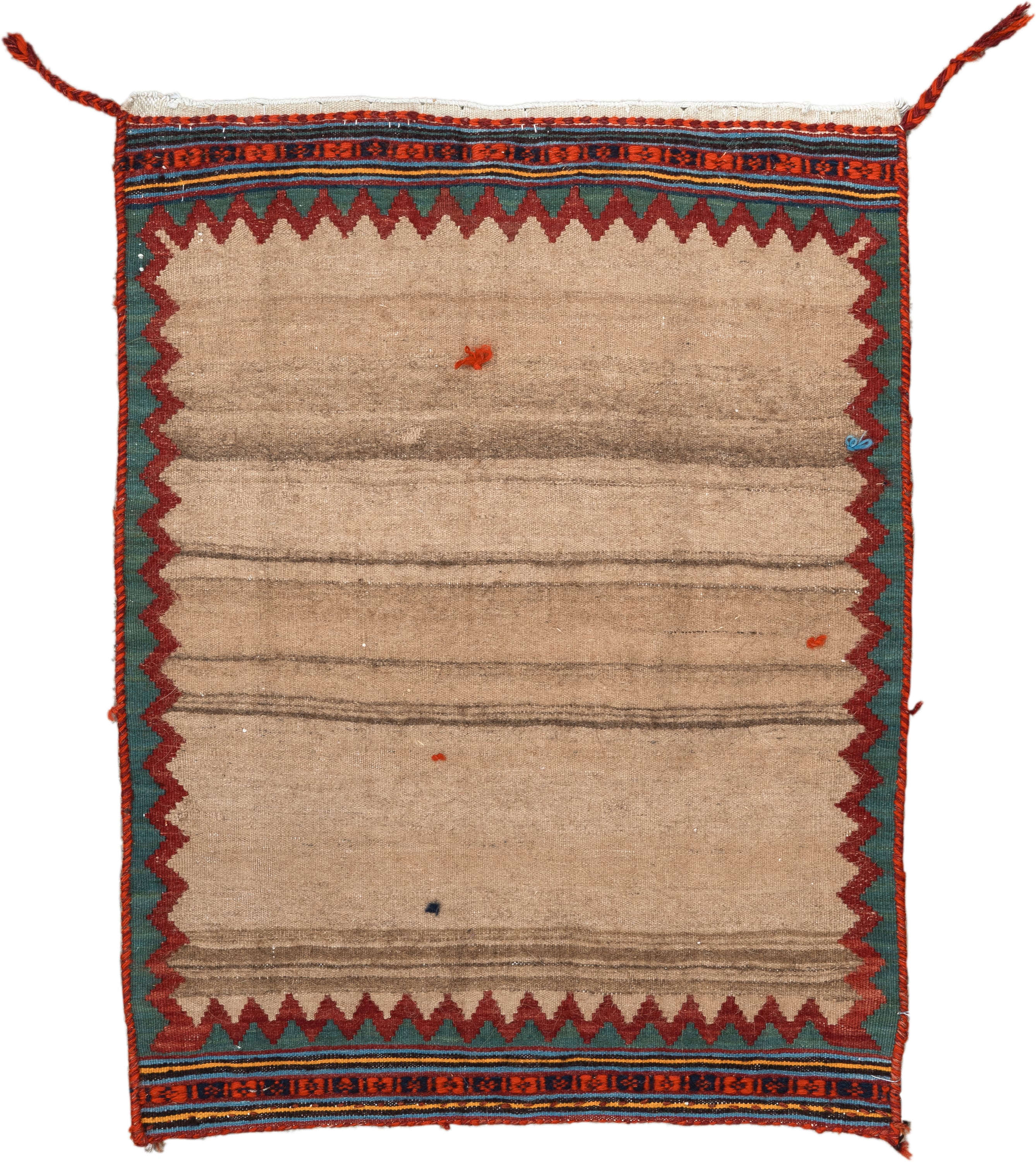 1' x 2' one-of-a-kind handmade antique Kilim small size rug. Color palette: camel, rust, teal, navy, ivory, charcoal, gold