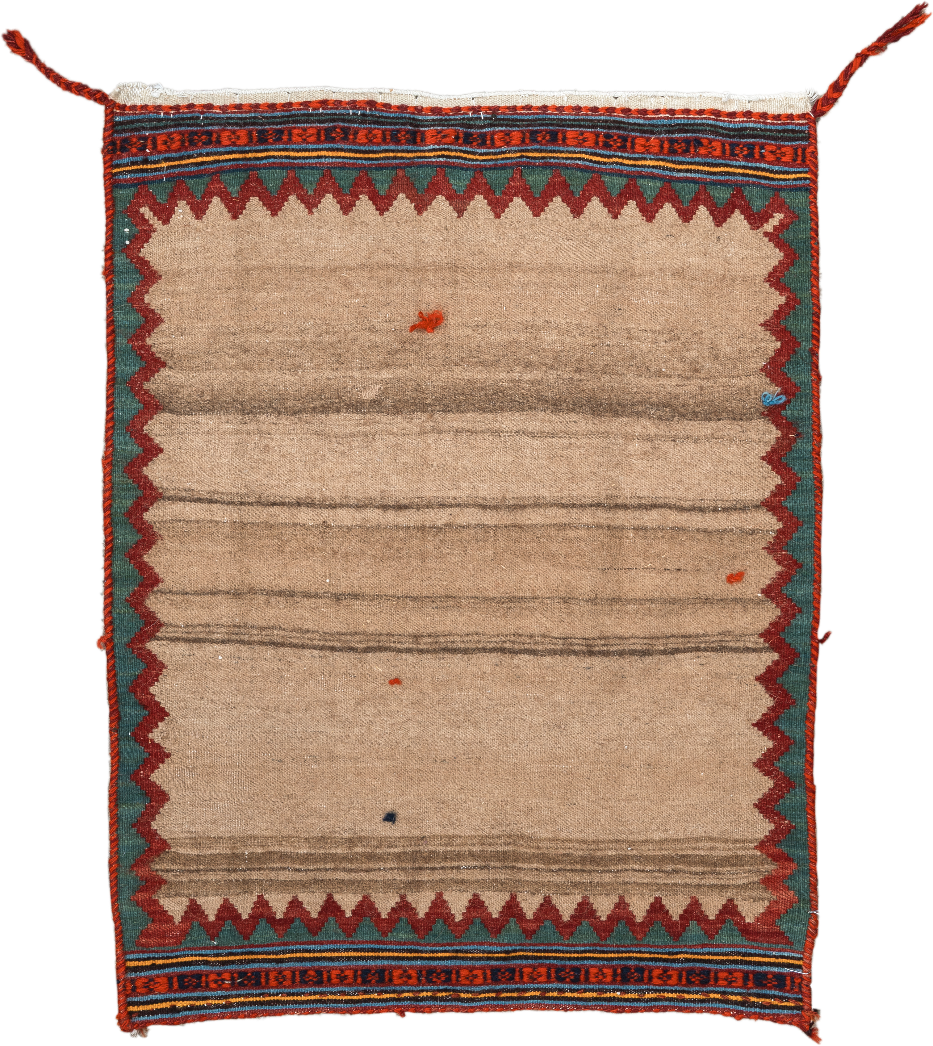 1' x 2' one-of-a-kind handmade antique Kilim small size rug. Color palette: camel, rust, teal, navy, ivory, charcoal, gold