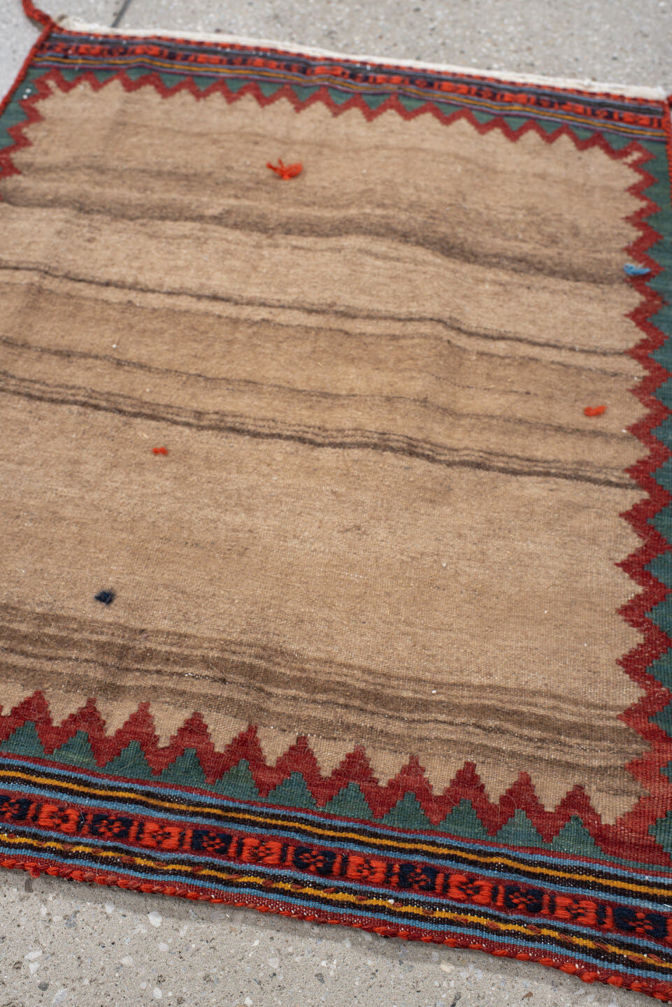 1' x 2' one-of-a-kind handmade antique Kilim small size rug. Color palette: camel, rust, teal, navy, ivory, charcoal, gold