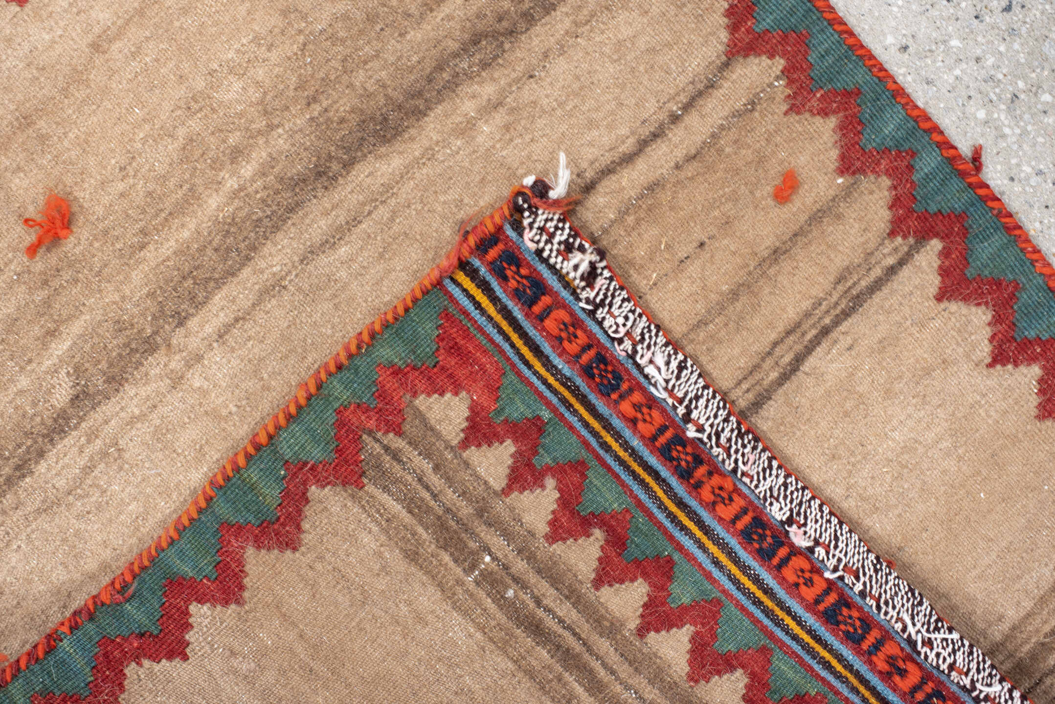 1' x 2' one-of-a-kind handmade antique Kilim small size rug. Color palette: camel, rust, teal, navy, ivory, charcoal, gold