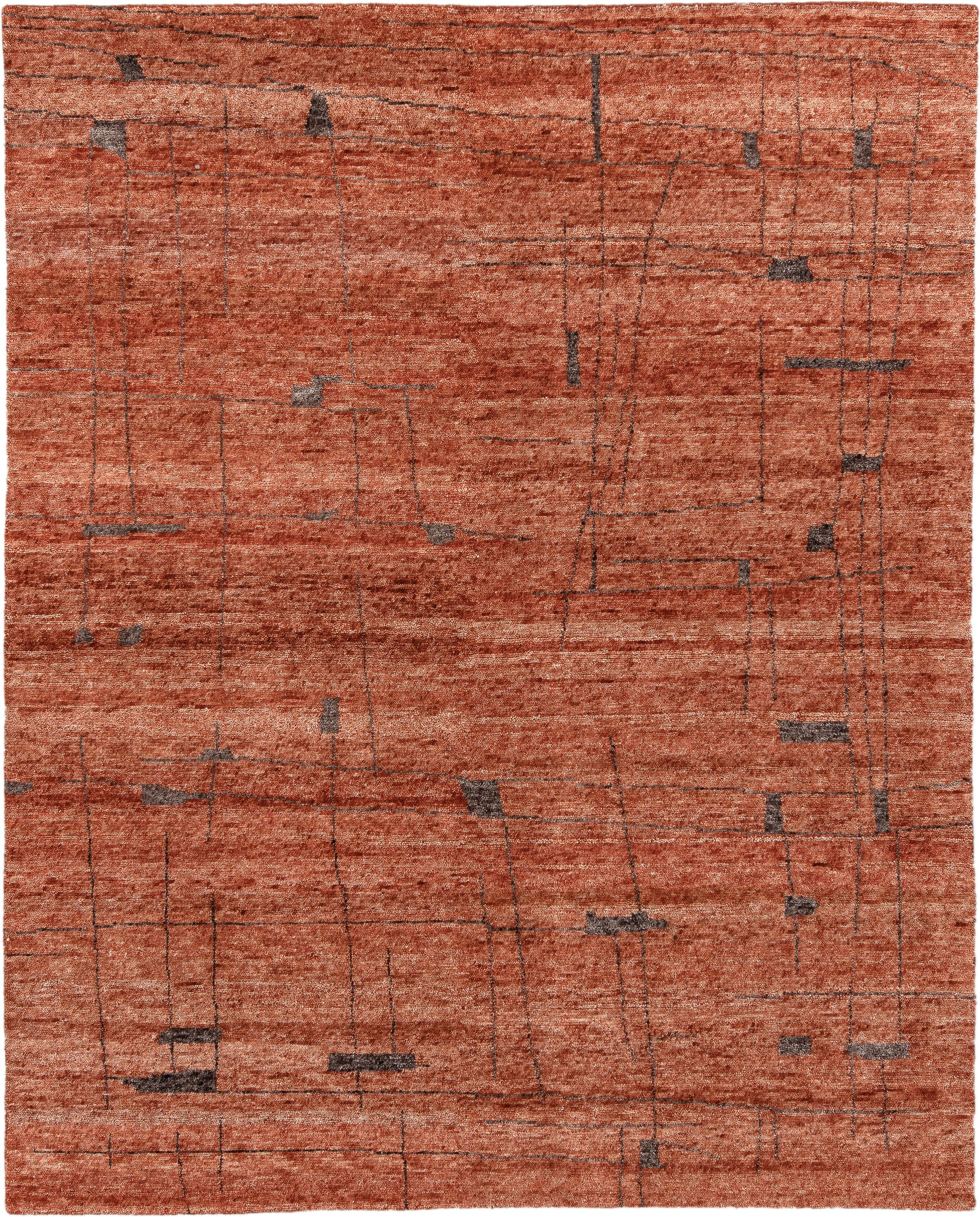 8' x 10' one-of-a-kind handmade vintage Tribeca large size rug. Color palette: terra cotta, rust, cinnamon, charcoal, copper