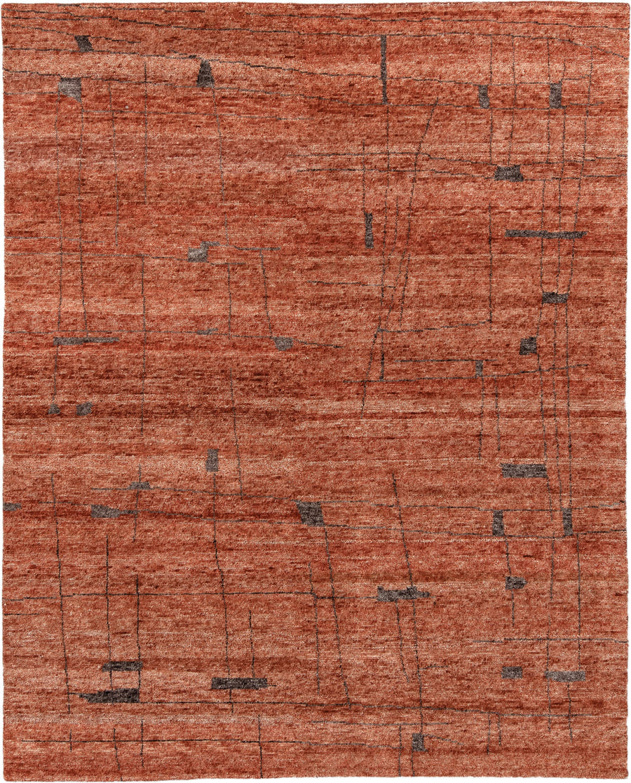 8' x 10' one-of-a-kind handmade vintage Tribeca large size rug. Color palette: terra cotta, rust, cinnamon, charcoal, copper