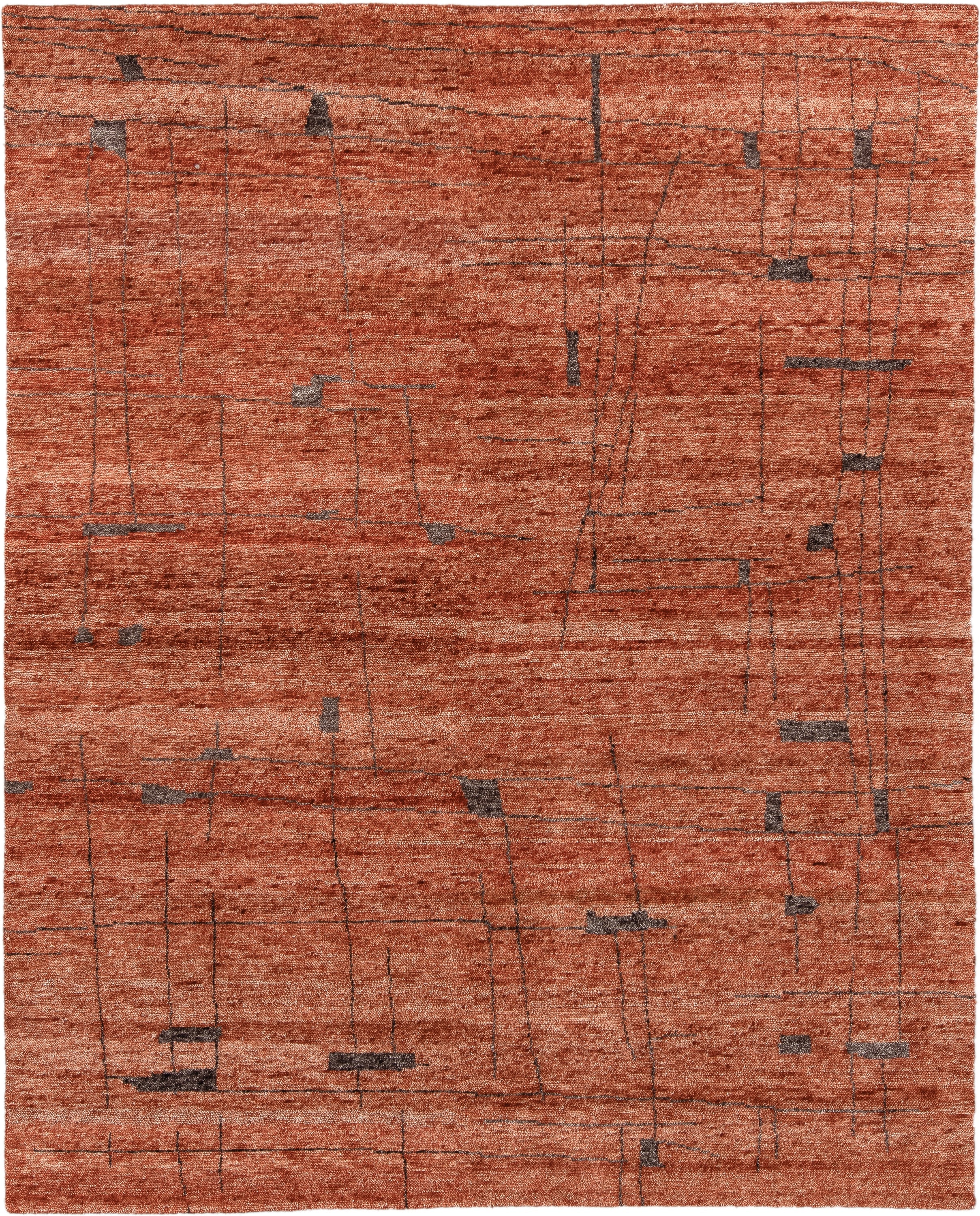 8' x 10' one-of-a-kind handmade vintage Tribeca large size rug. Color palette: terra cotta, rust, cinnamon, charcoal, copper