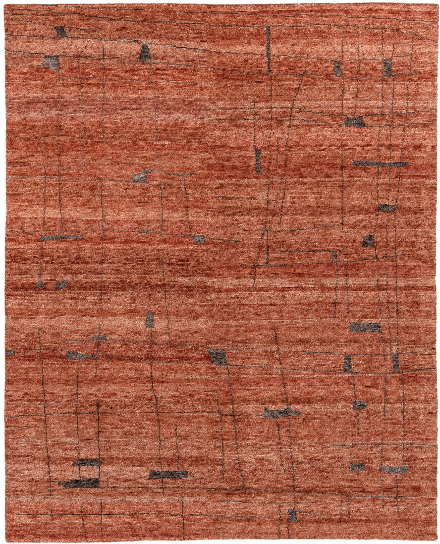 8' x 10' one-of-a-kind handmade vintage Tribeca large size rug. Color palette: terra cotta, rust, cinnamon, charcoal, copper