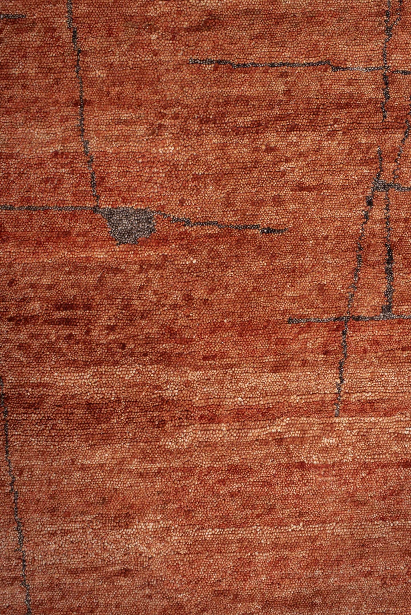 8' x 10' one-of-a-kind handmade vintage Tribeca large size rug. Color palette: terra cotta, rust, cinnamon, charcoal, copper