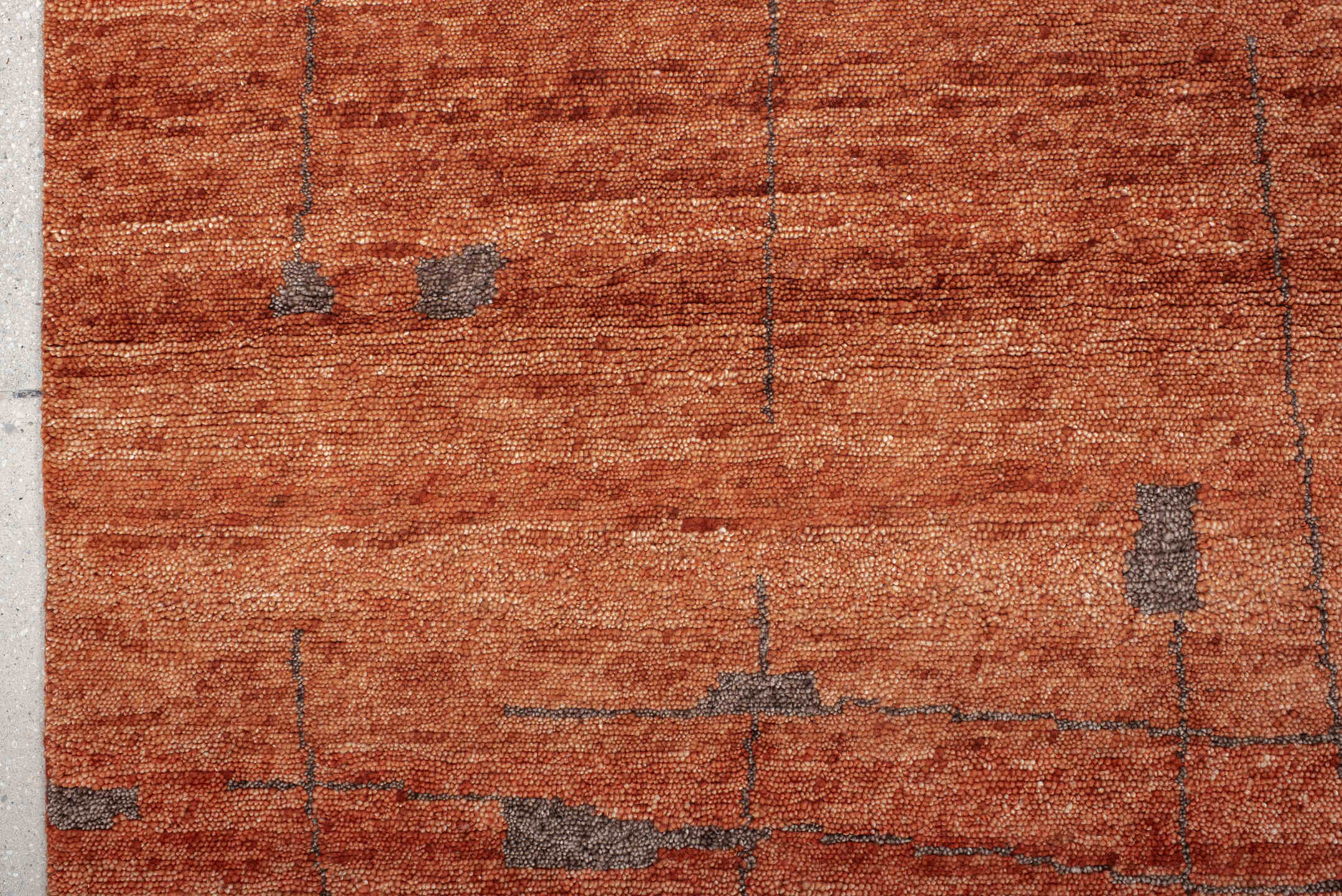 8' x 10' one-of-a-kind handmade vintage Tribeca large size rug. Color palette: terra cotta, rust, cinnamon, charcoal, copper