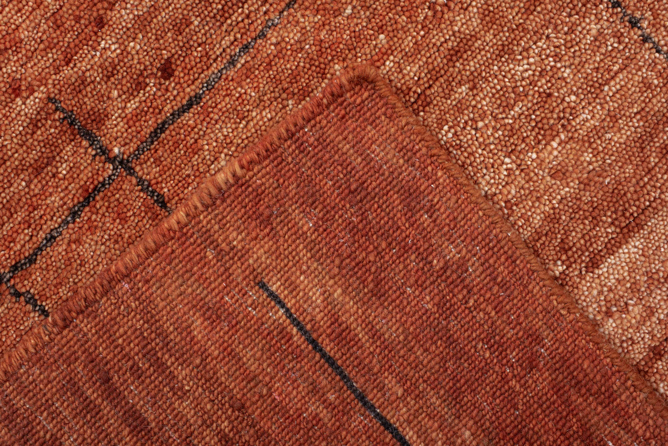 8' x 10' one-of-a-kind handmade vintage Tribeca large size rug. Color palette: terra cotta, rust, cinnamon, charcoal, copper