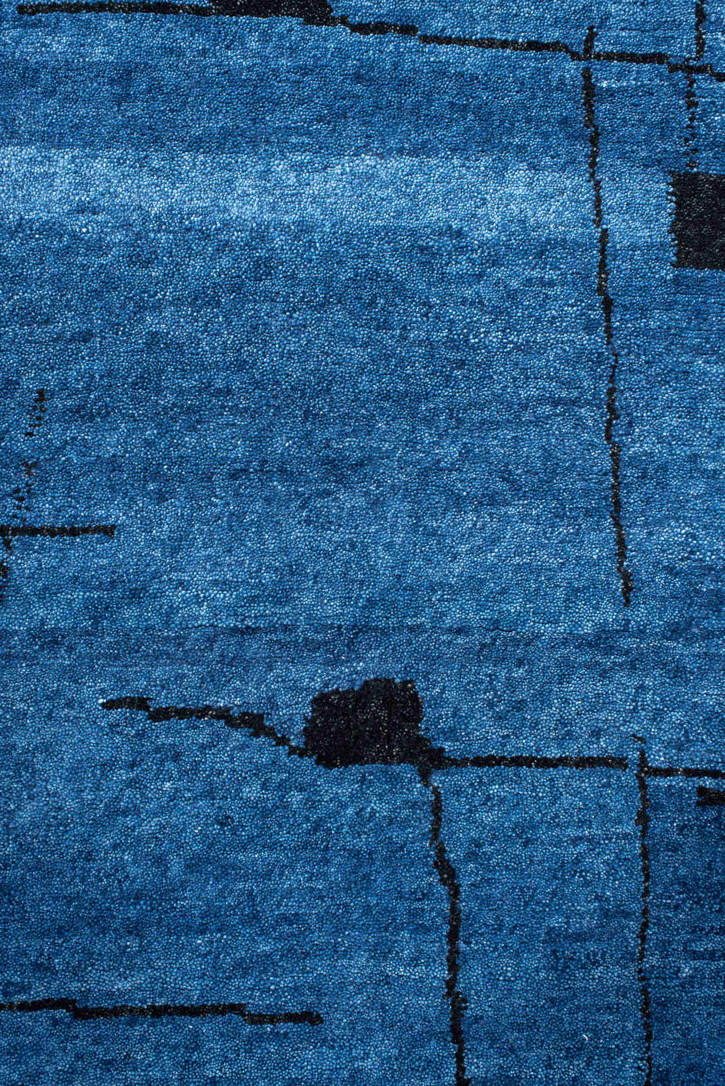 8' x 9' one-of-a-kind handmade vintage Tribeca rug. Color palette: blue, black, slate, gray