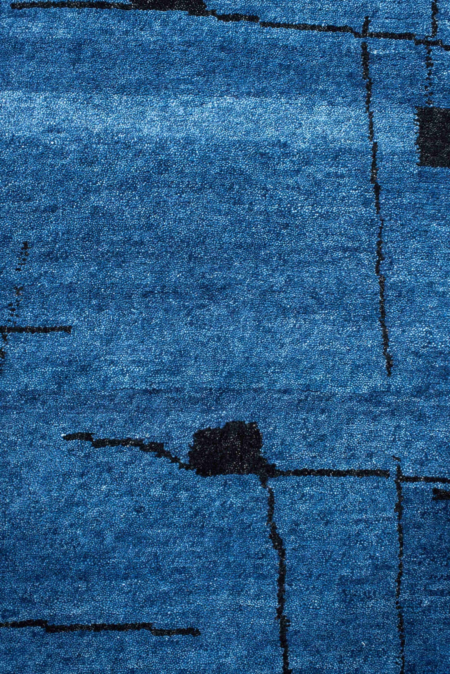 8' x 9' one-of-a-kind handmade vintage Tribeca rug. Color palette: blue, black, slate, gray